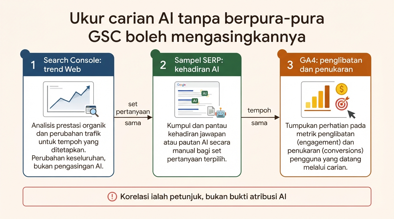 Aliran pengukuran carian AI mingguan yang menggabungkan trend Web Search Console, sampel SERP berulang dan penukaran GA4