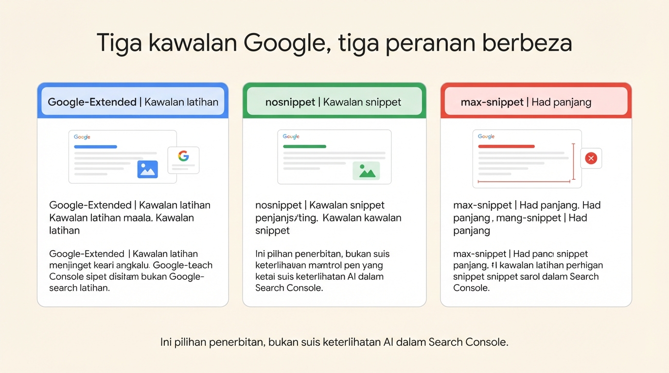 Perbandingan kawalan Google-Extended, nosnippet dan max-snippet serta kesannya yang berbeza
