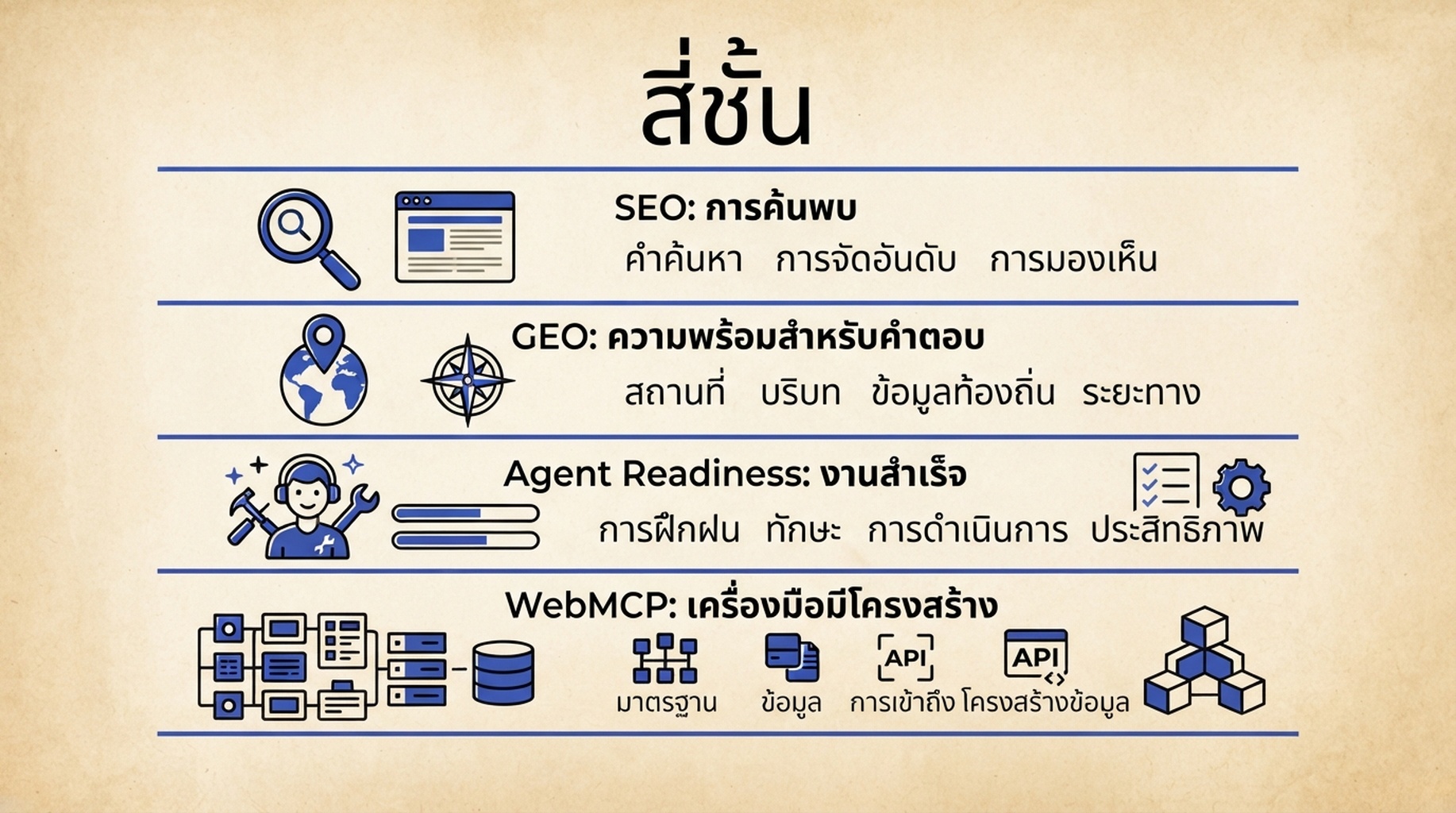 แผนผังสี่ชั้นจากการค้นพบของ SEO และความพร้อมสำหรับคำตอบของ GEO ไปสู่ Agent Readiness และเครื่องมือมีโครงสร้าง WebMCP