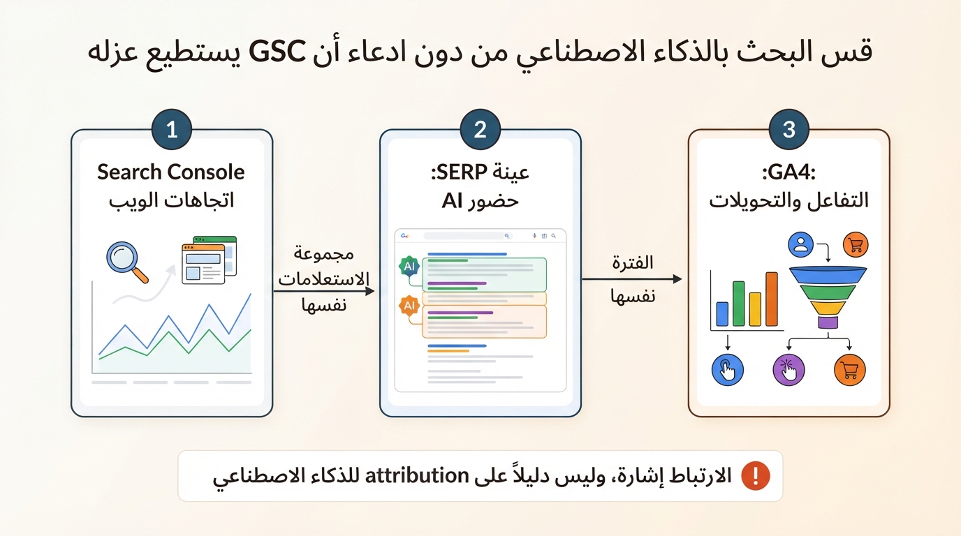 مخطط قياس أسبوعي للبحث بالذكاء الاصطناعي يجمع اتجاهات ويب Search Console وعينة SERP قابلة للتكرار وتحويلات GA4