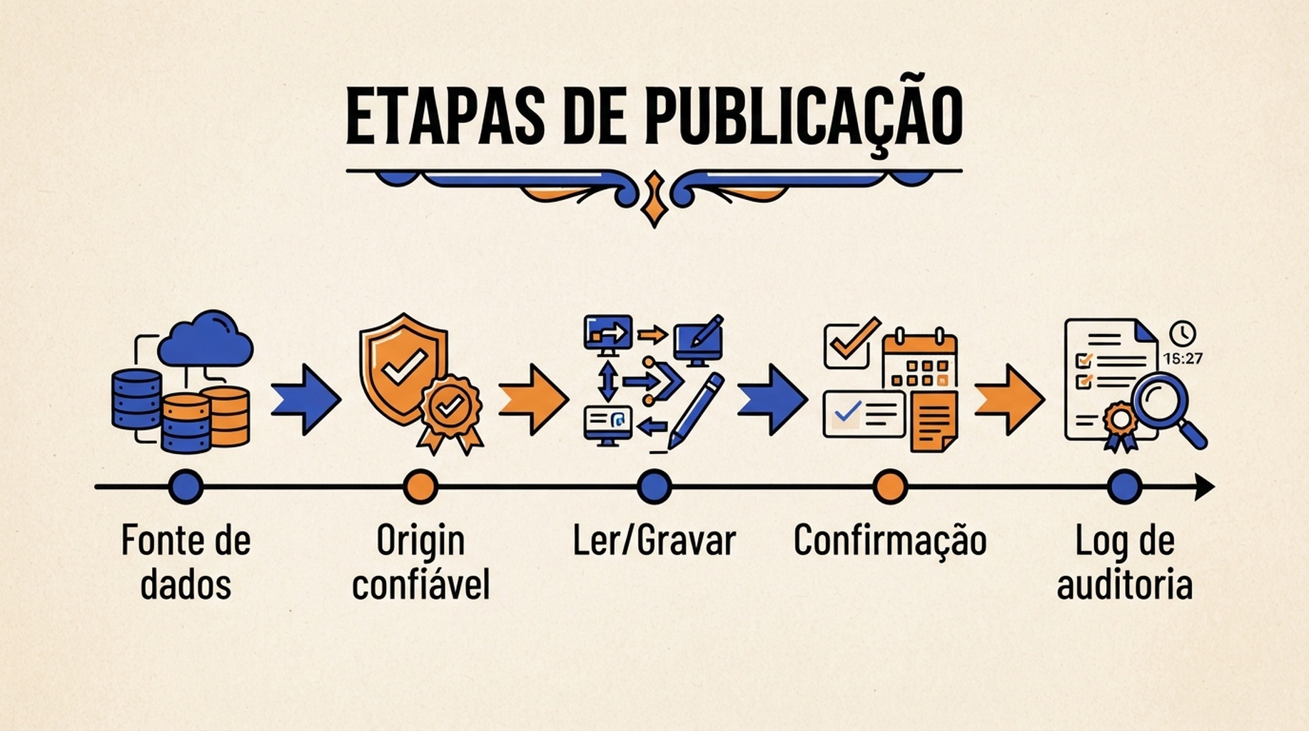 Etapas de liberacao de ferramenta WebMCP: fonte de dados, Origin confiavel, leitura ou escrita, confirmacao do usuario e log de auditoria.