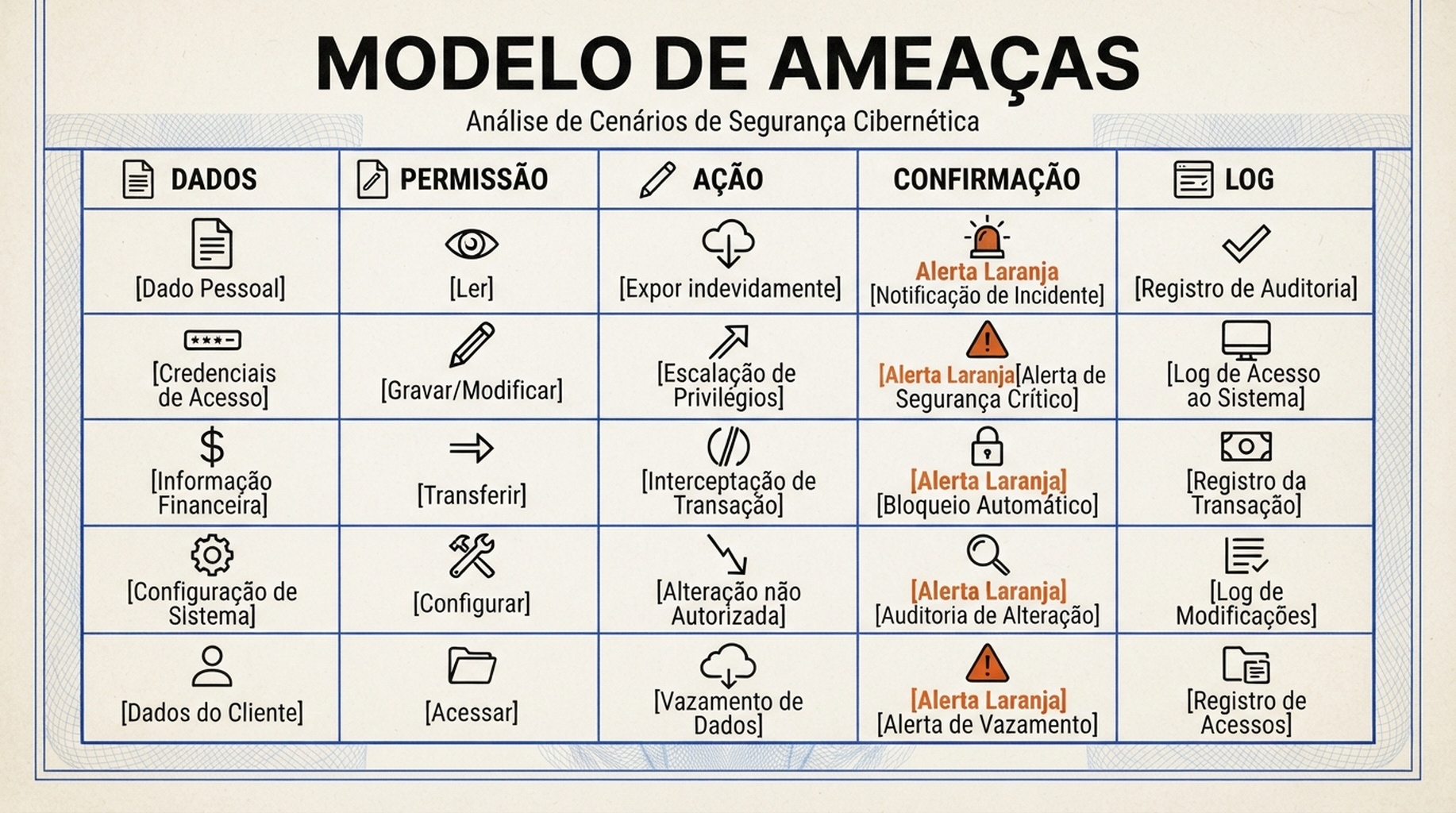 Planilha de modelo de ameacas de ferramenta WebMCP para dados, permissao, acao, confirmacao e log.