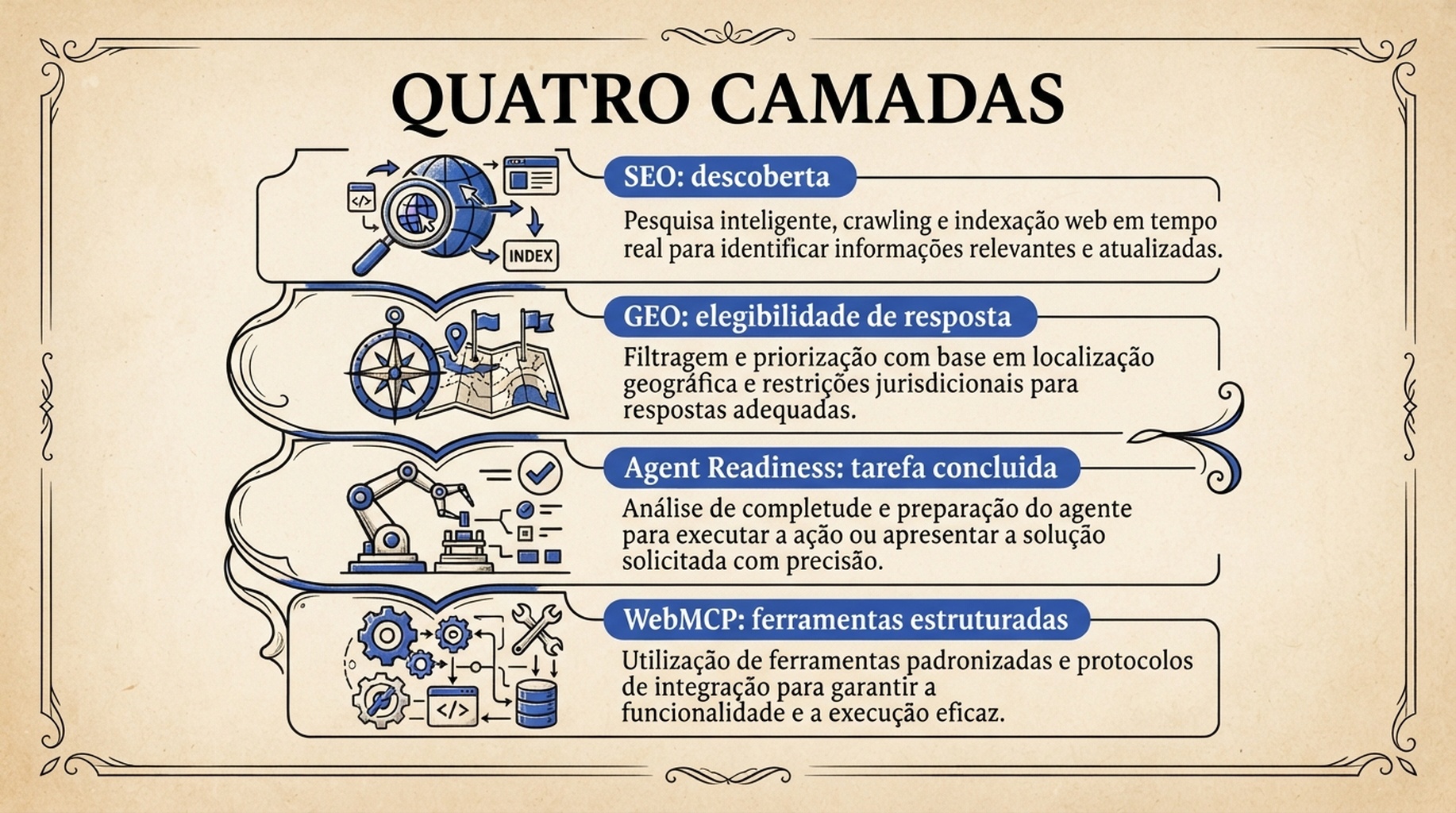Mapa de quatro camadas da descoberta por SEO e elegibilidade de resposta GEO ate Agent Readiness e ferramentas estruturadas WebMCP.