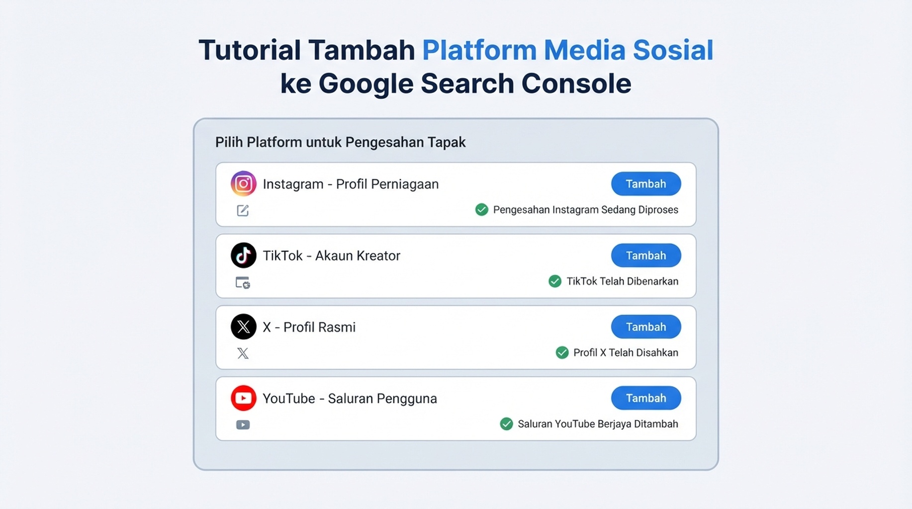 Skrin persediaan hartanah platform Google Search Console yang rata dengan Instagram, TikTok, X dan YouTube