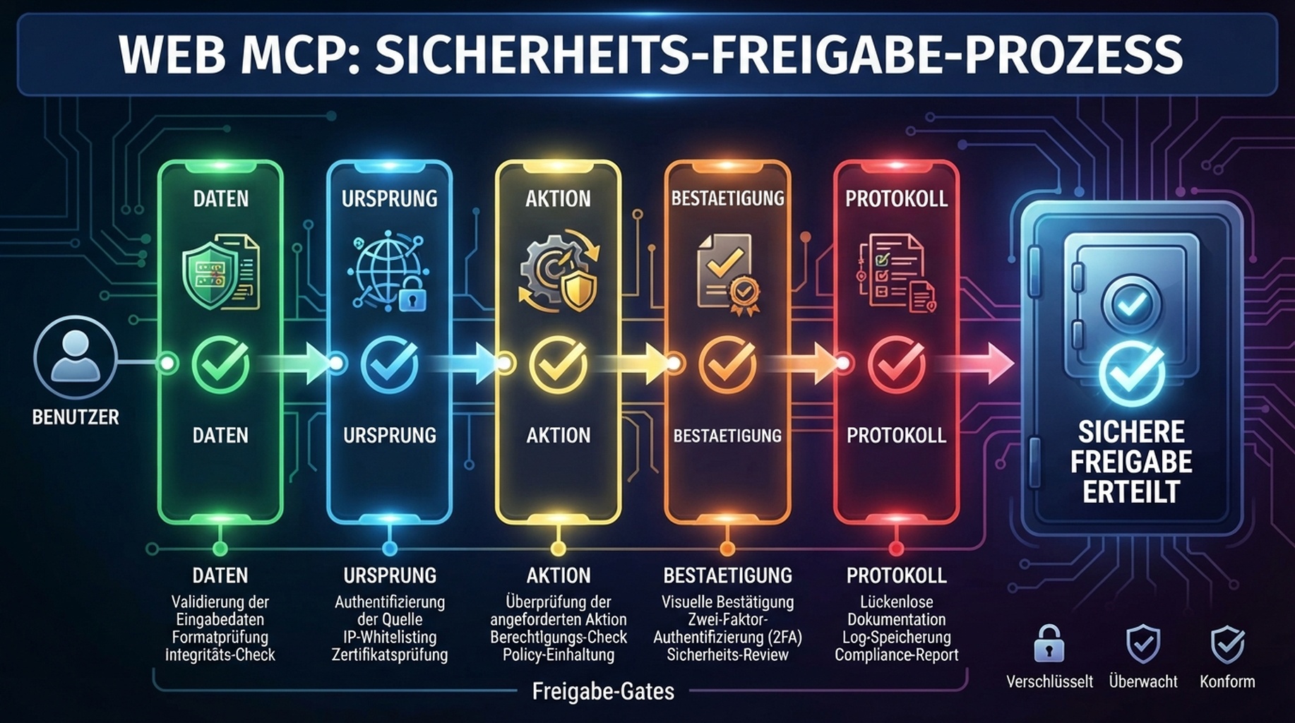 WebMCP-Freigabetore fuer Datenquelle, vertrauenswuerdigen Ursprung, Lesen oder Schreiben, Bestaetigung und Audit-Protokoll.