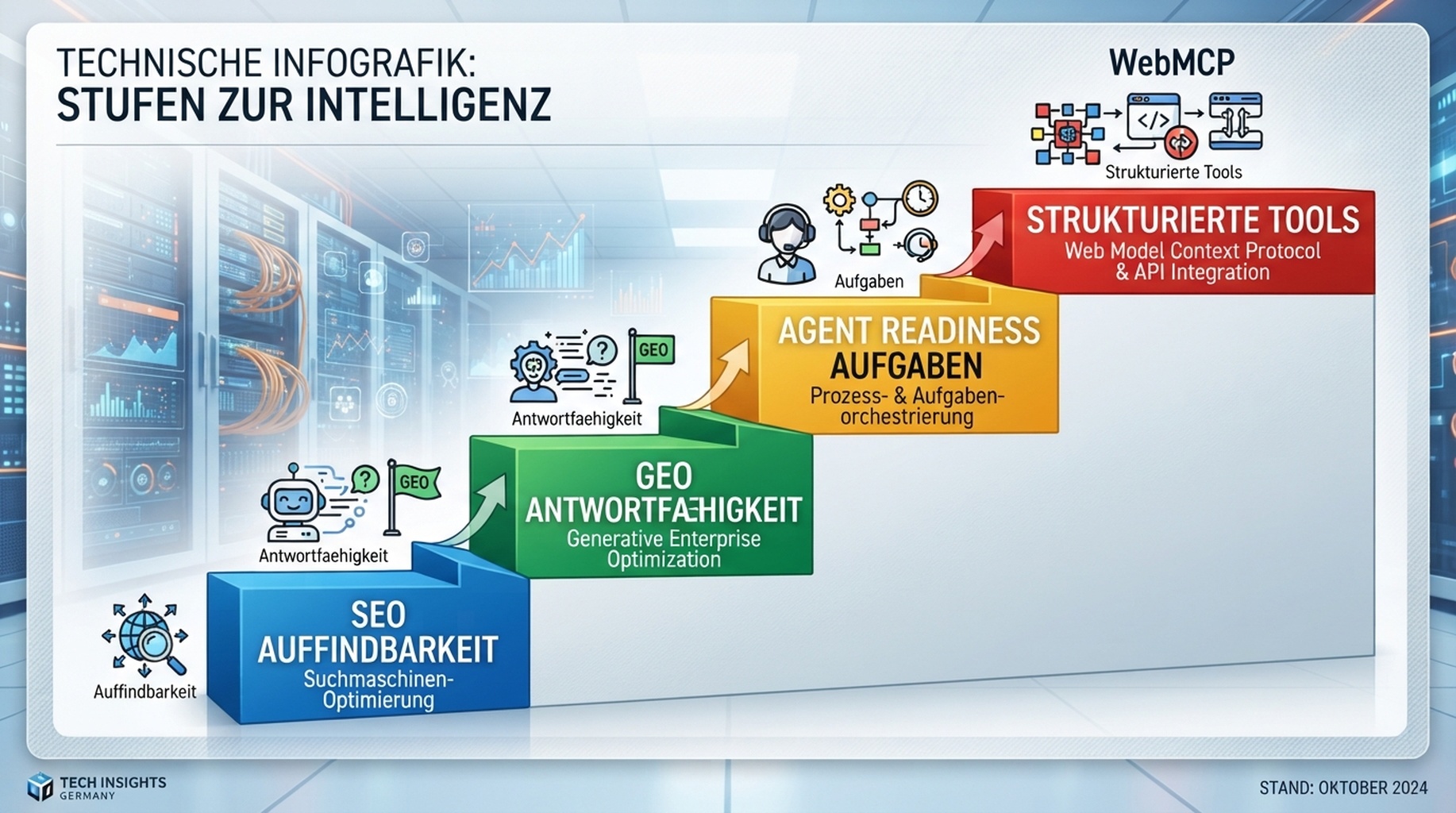 Vier Ebenen von SEO-Auffindbarkeit ueber GEO-Antwortfaehigkeit und Agent Readiness bis zu strukturierten WebMCP-Tools.