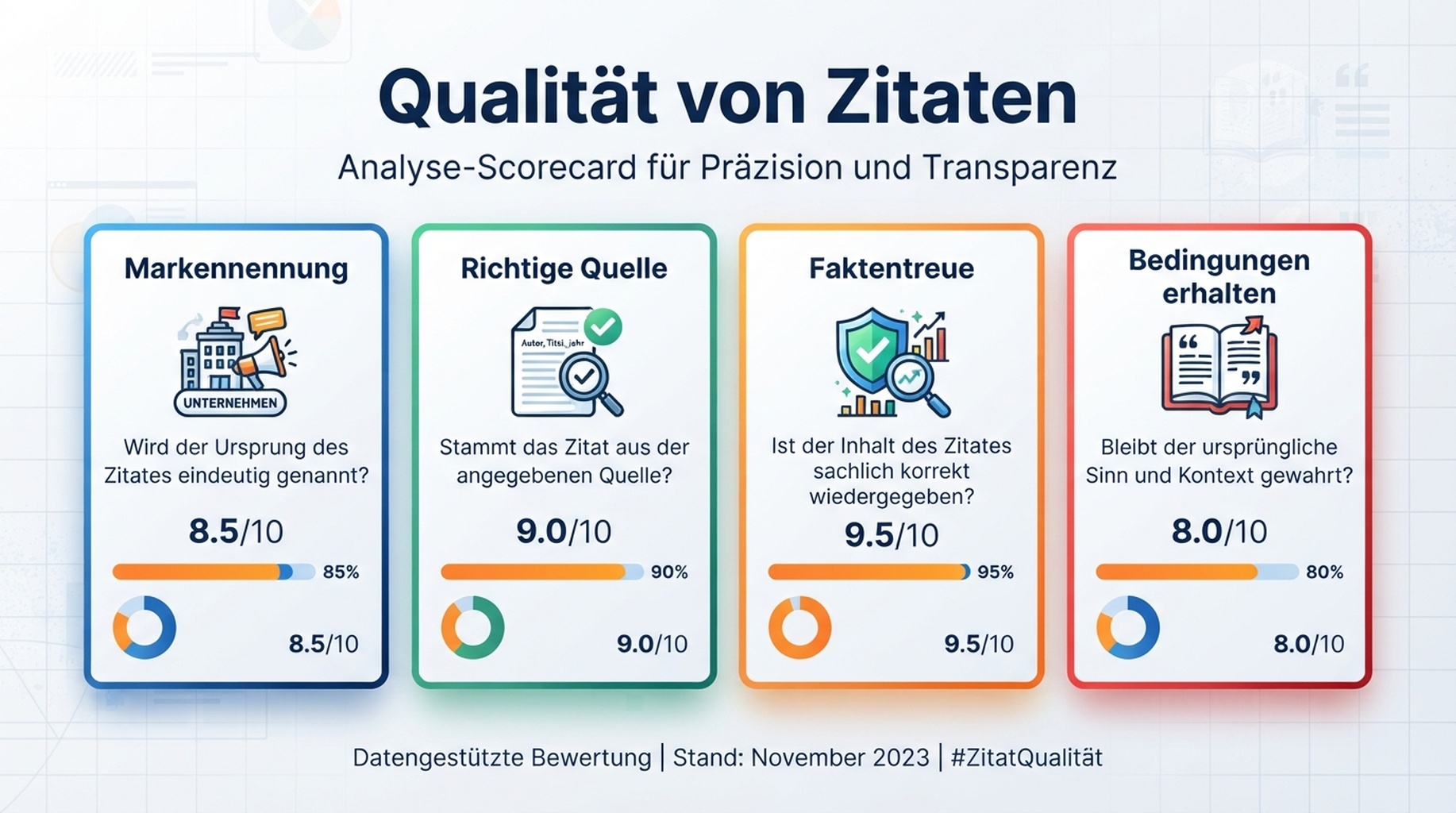 Scorecard fuer Zitierqualitaet mit Markennennung, richtiger Quelle, Faktentreue und erhaltenen Bedingungen.