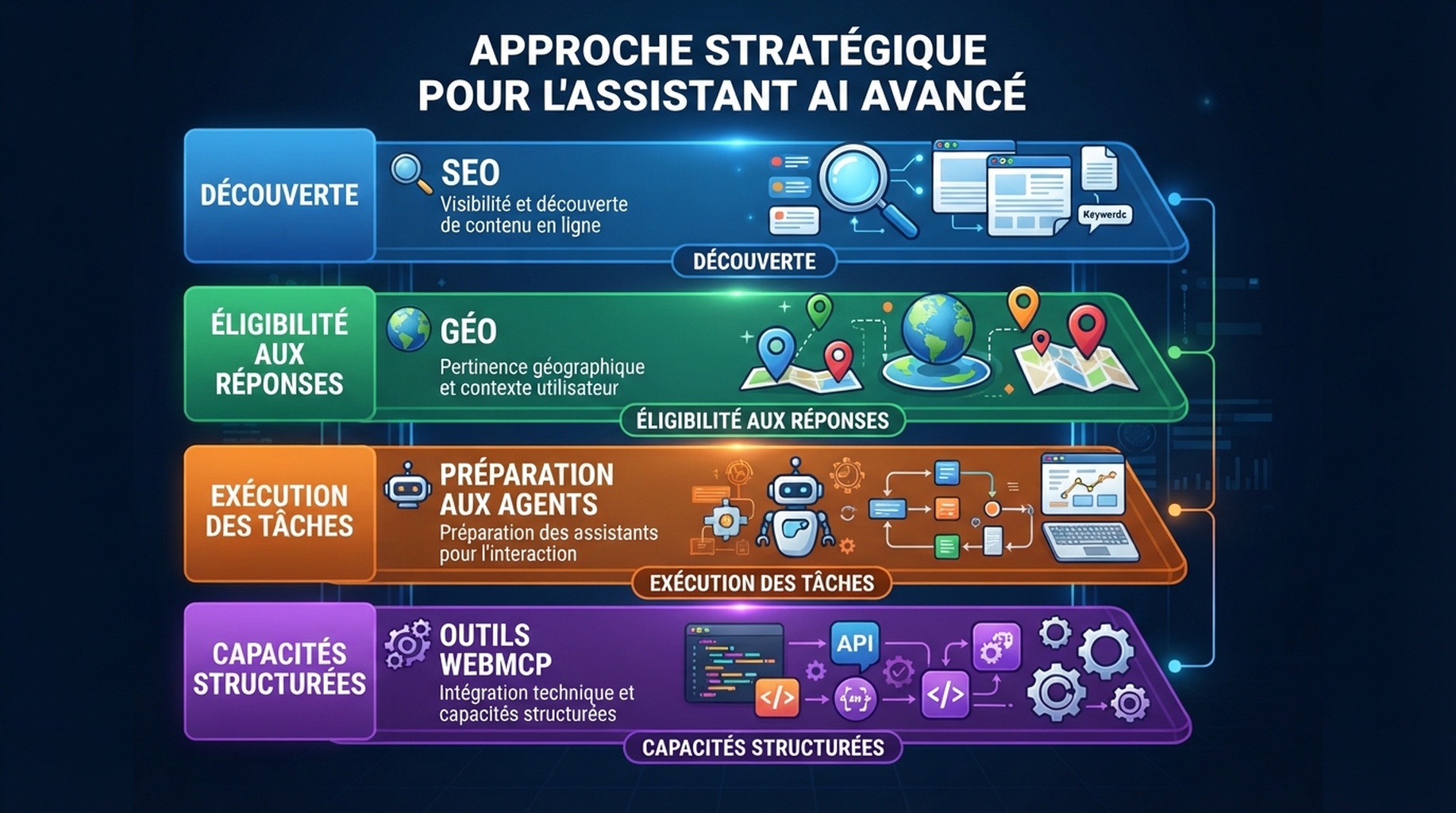 Quatre couches de la decouverte SEO a l'eligibilite GEO et a la preparation aux agents avec des outils WebMCP structures.