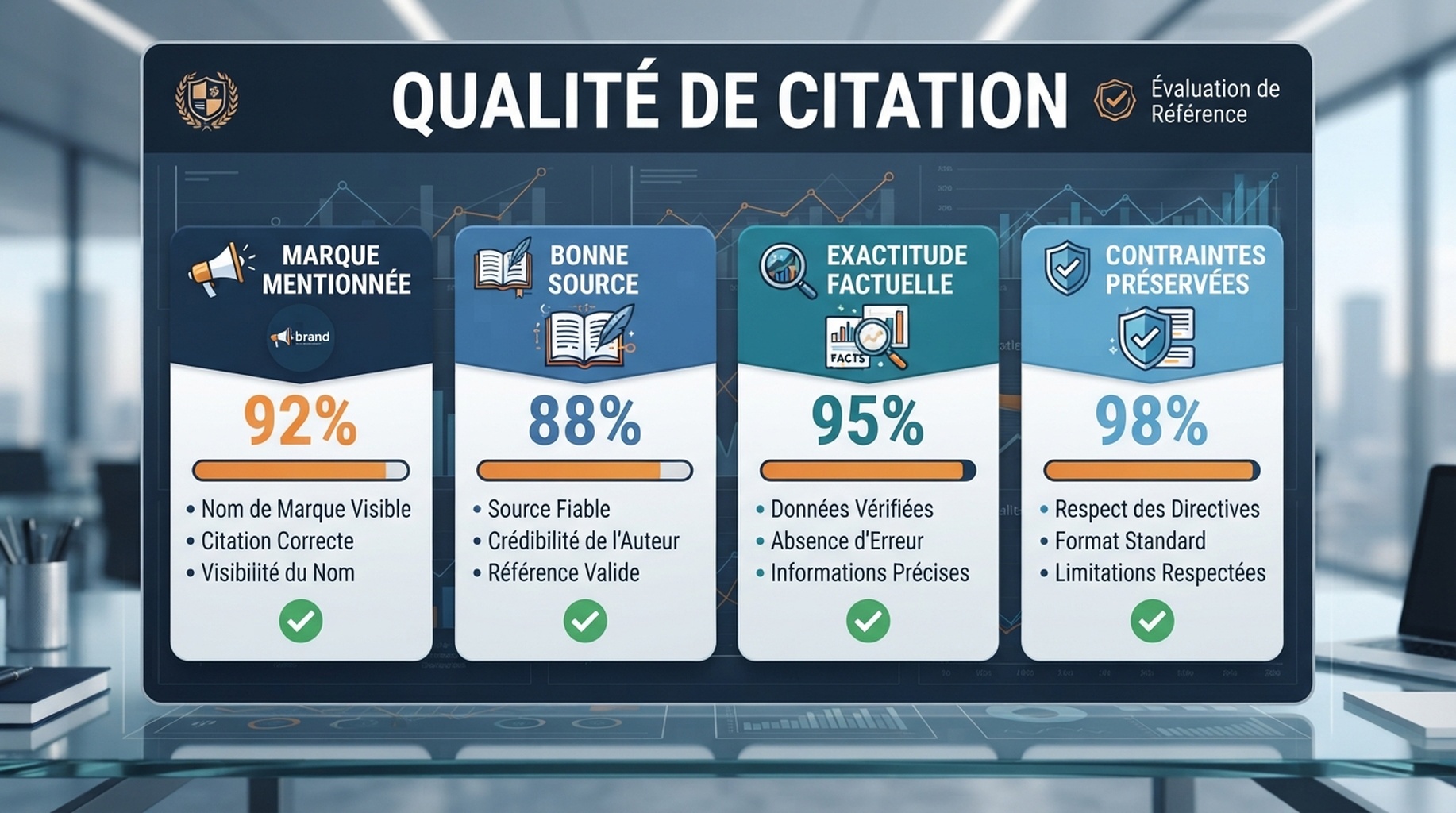 Scorecard de qualite de citation : mention de marque, source correcte, exactitude factuelle et contraintes preservees.