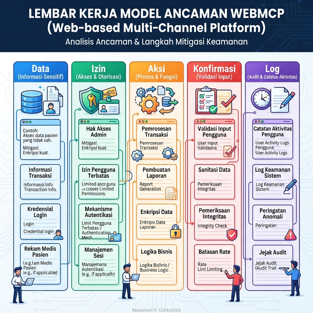 Lembar kerja threat model WebMCP dengan kolom data, izin, tindakan, konfirmasi, dan log.