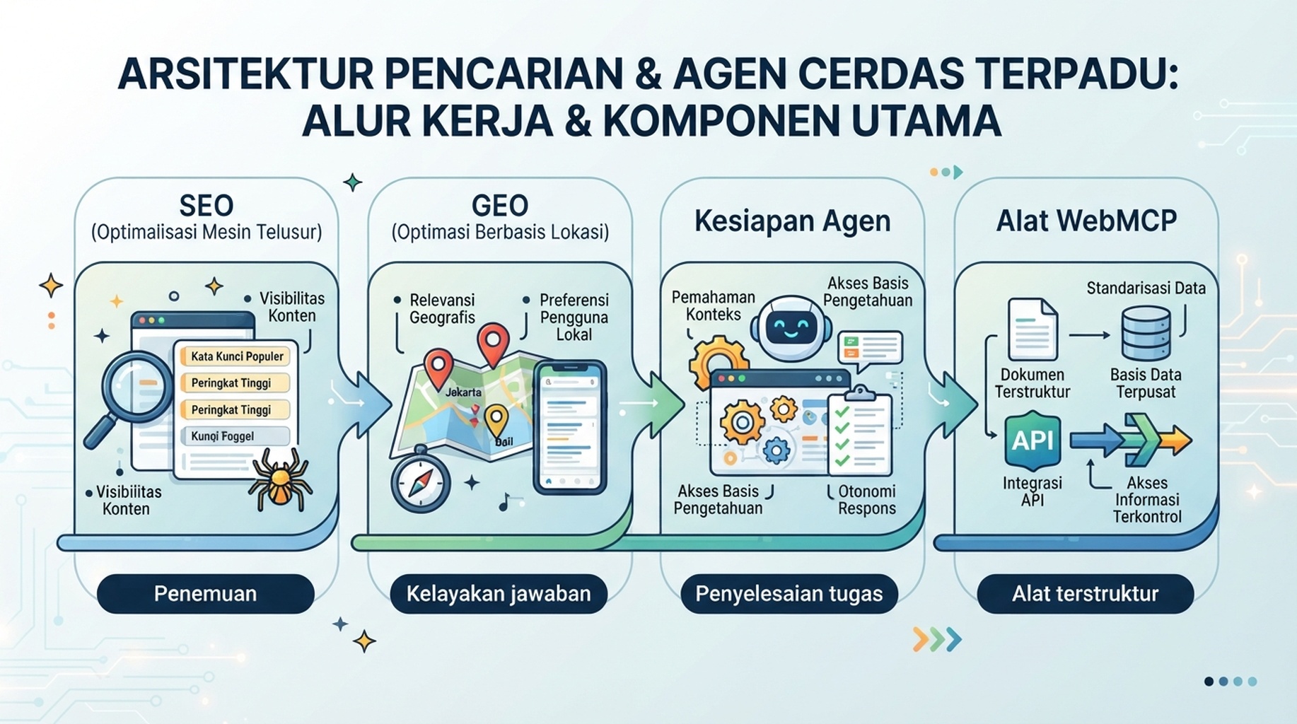 Empat lapisan dari penemuan SEO melalui kelayakan jawaban GEO dan kesiapan agen hingga alat WebMCP terstruktur.