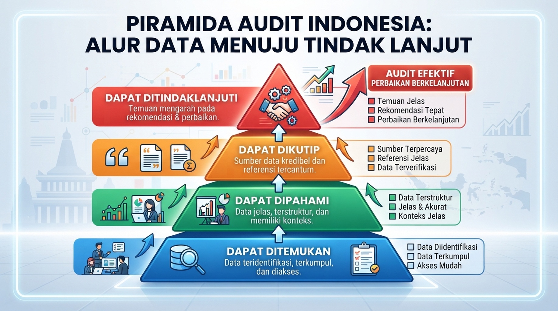 Model audit kesiapan agen empat lapis: dapat ditemukan, dapat dipahami, dapat dikutip, dan dapat ditindaklanjuti.