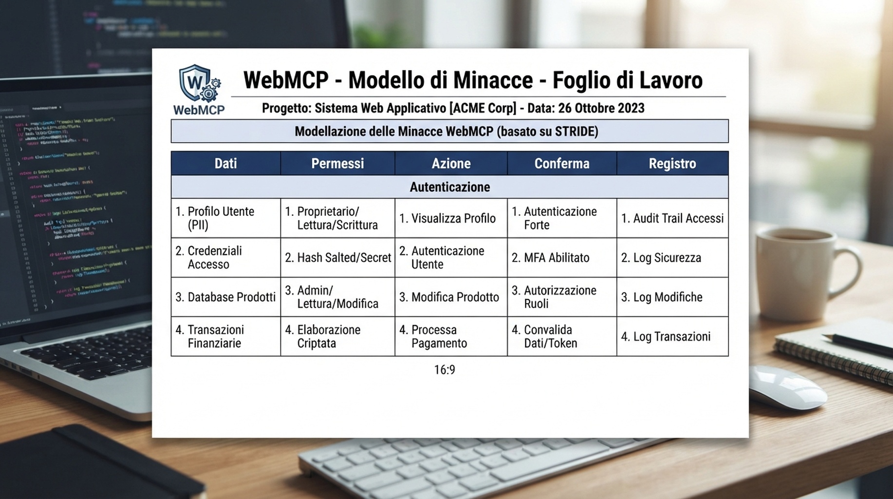 Foglio di threat modeling WebMCP con colonne dati, permessi, azione, conferma e registro.