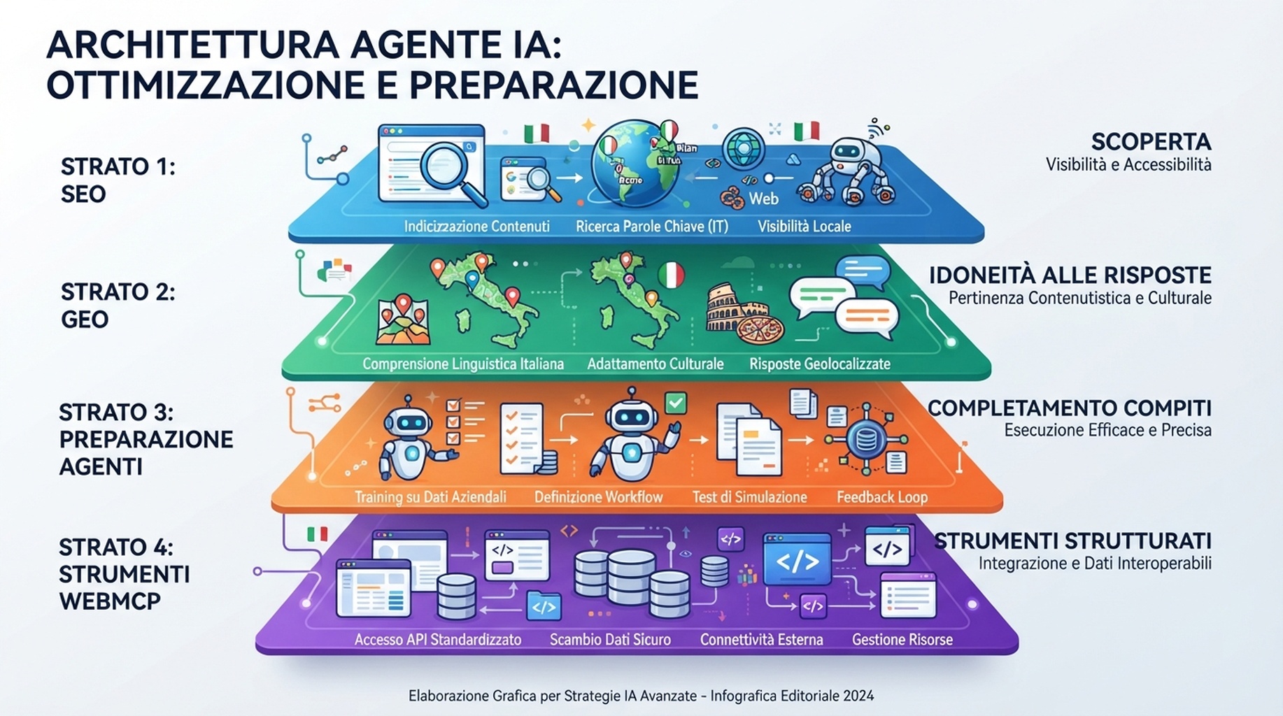 Quattro livelli dalla scoperta SEO attraverso l'idoneita GEO alle risposte e l'agent readiness fino agli strumenti WebMCP strutturati.