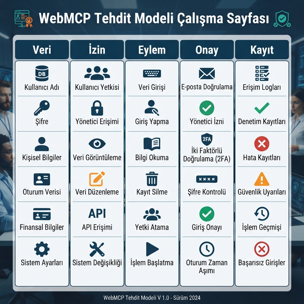 Veri, izin, eylem, onay ve kayit sutunlariyla WebMCP tehdit modeli calisma sayfasi.