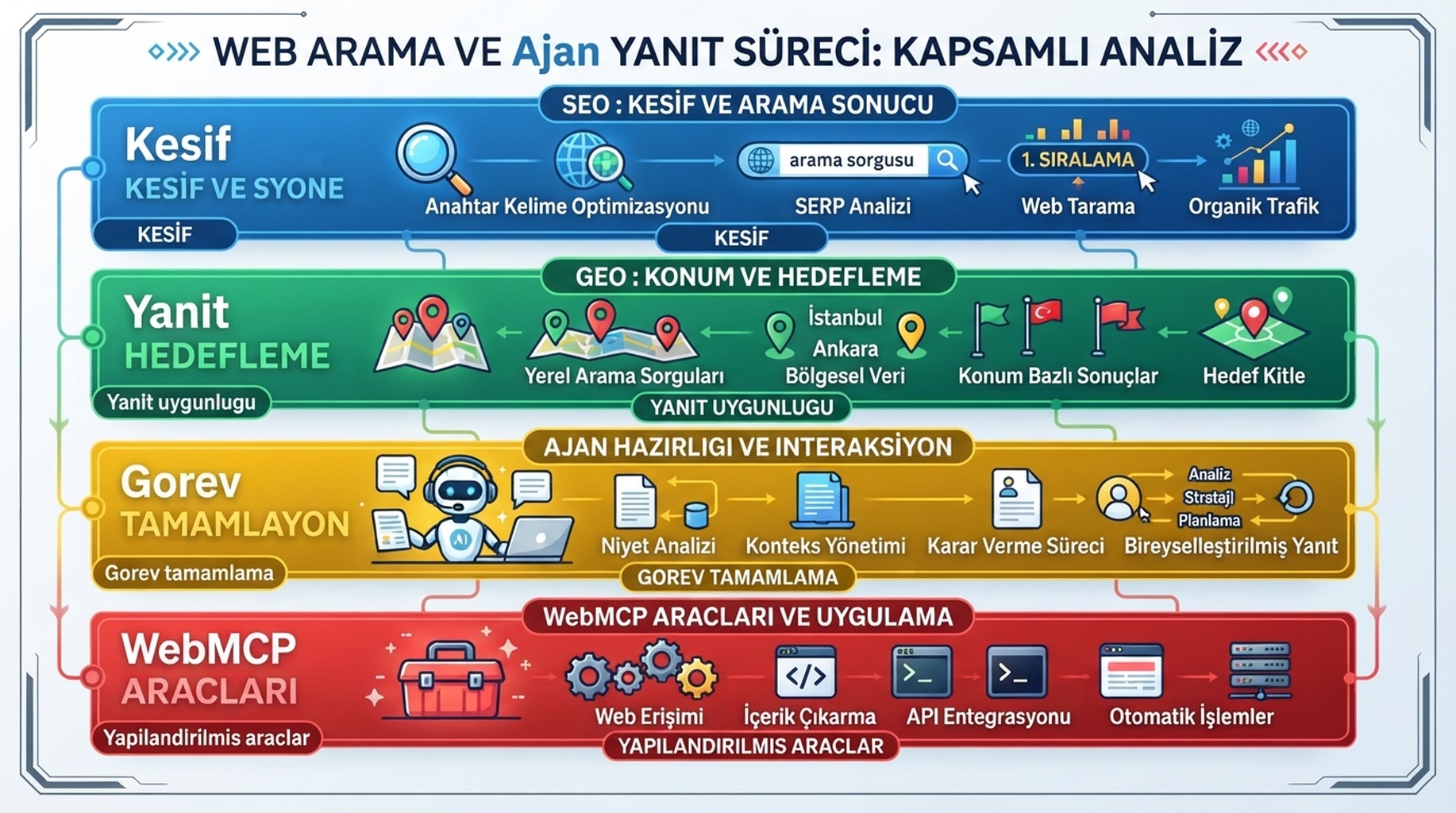 SEO kesfinden GEO yanit uygunluguna, ajan hazirligina ve yapilandirilmis WebMCP araclarina uzanan dort katman.