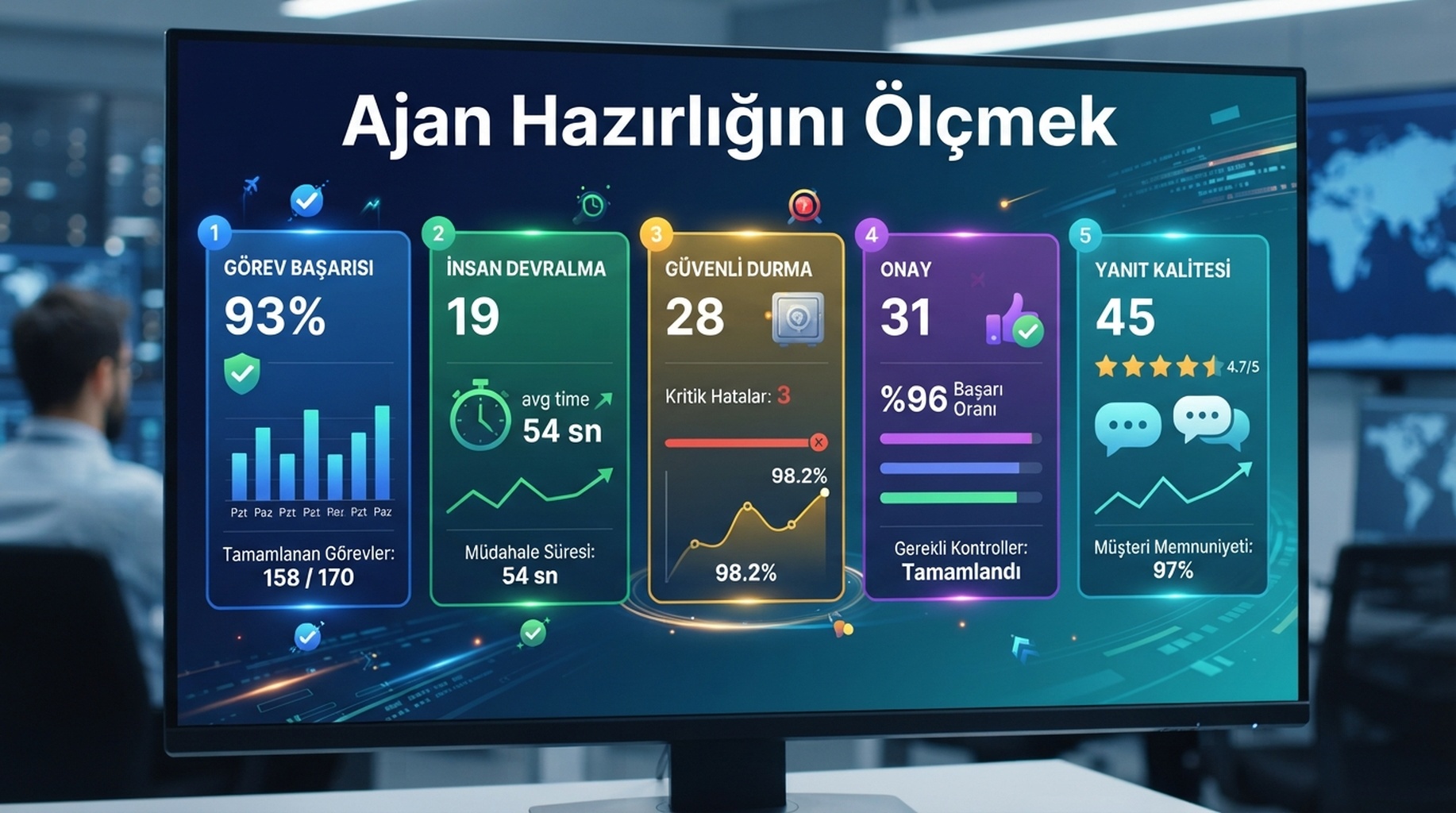 Gorev basarisi, insan devralma, guvenli durma, onay ve yanit kalitesini gosteren ajan hazirligi panosu.