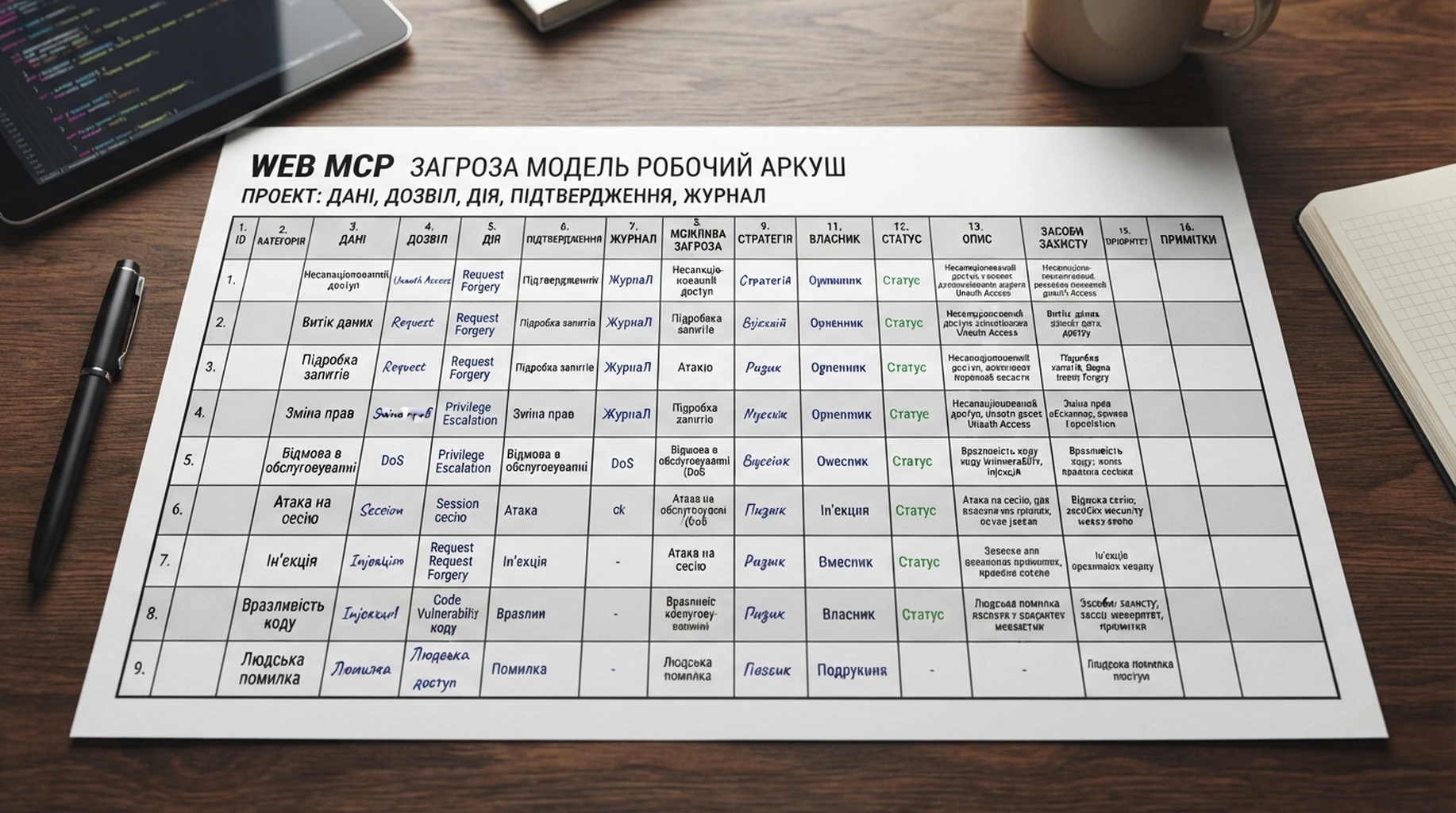 Робочий аркуш моделі загроз WebMCP з колонками дані, дозвіл, дія, підтвердження та журнал.