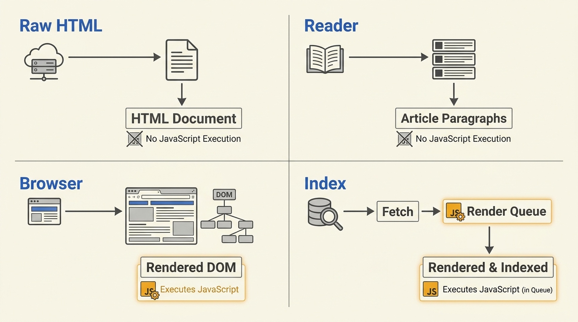 Diagram comparing raw HTML, browser DOM, and AI agent access paths