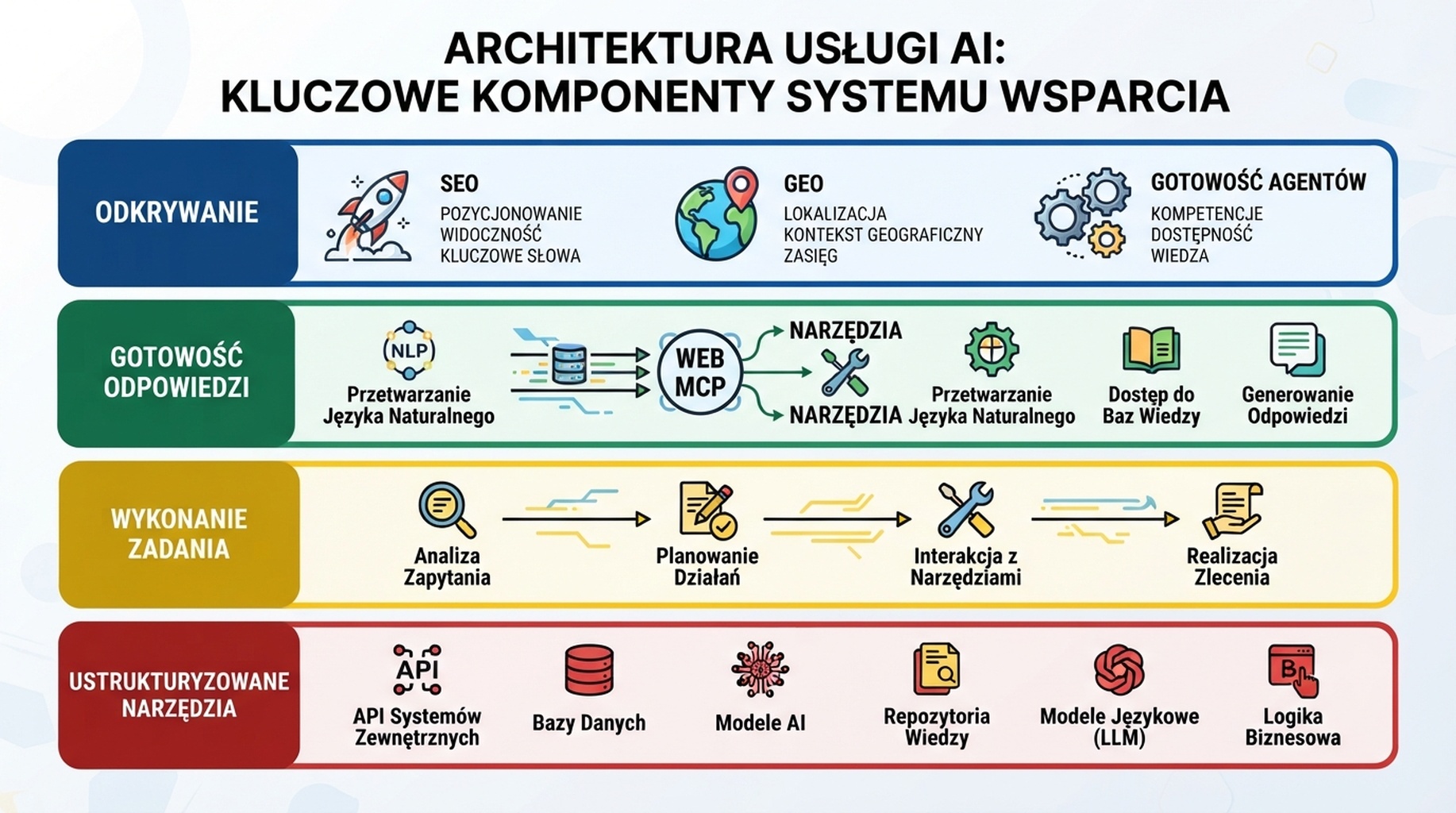 Cztery warstwy od odkrywania SEO przez gotowość GEO do odpowiedzi i gotowość agentów aż po ustrukturyzowane narzędzia WebMCP.