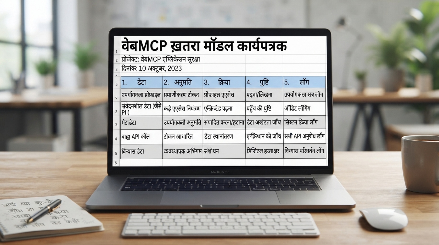 डेटा, अनुमति, कार्रवाई, पुष्टि और log कॉलम वाली WebMCP threat model कार्यपत्रक।