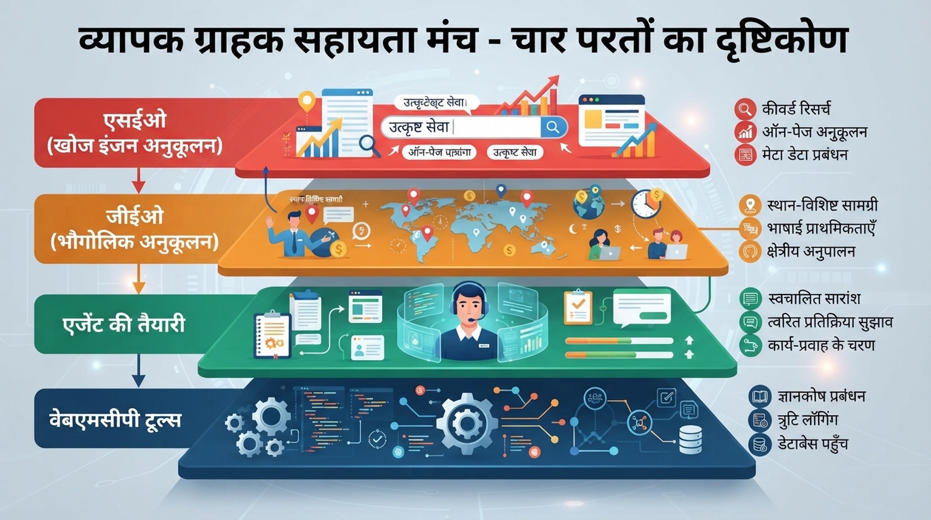 SEO खोज से GEO उत्तर-योग्यता, agent readiness और संरचित WebMCP टूल तक चार परतें।