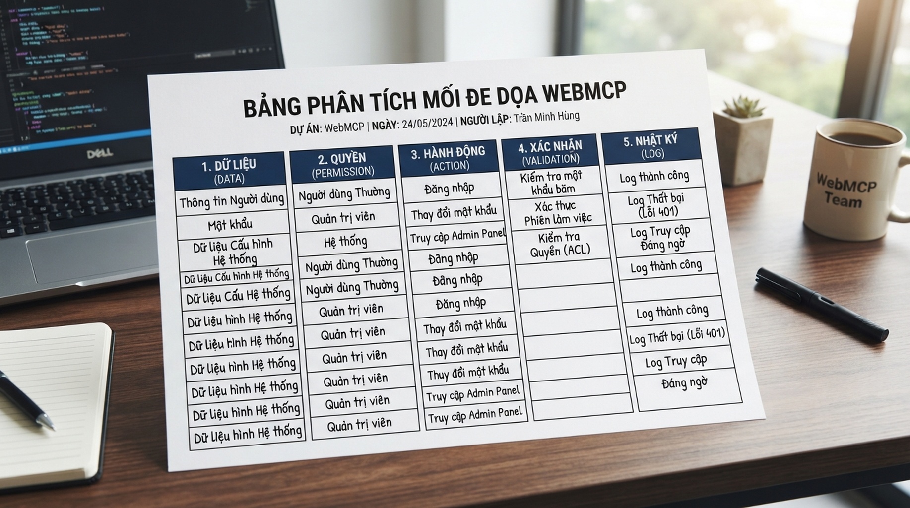 Bảng mô hình đe dọa WebMCP với cột dữ liệu, quyền, hành động, xác nhận và nhật ký.