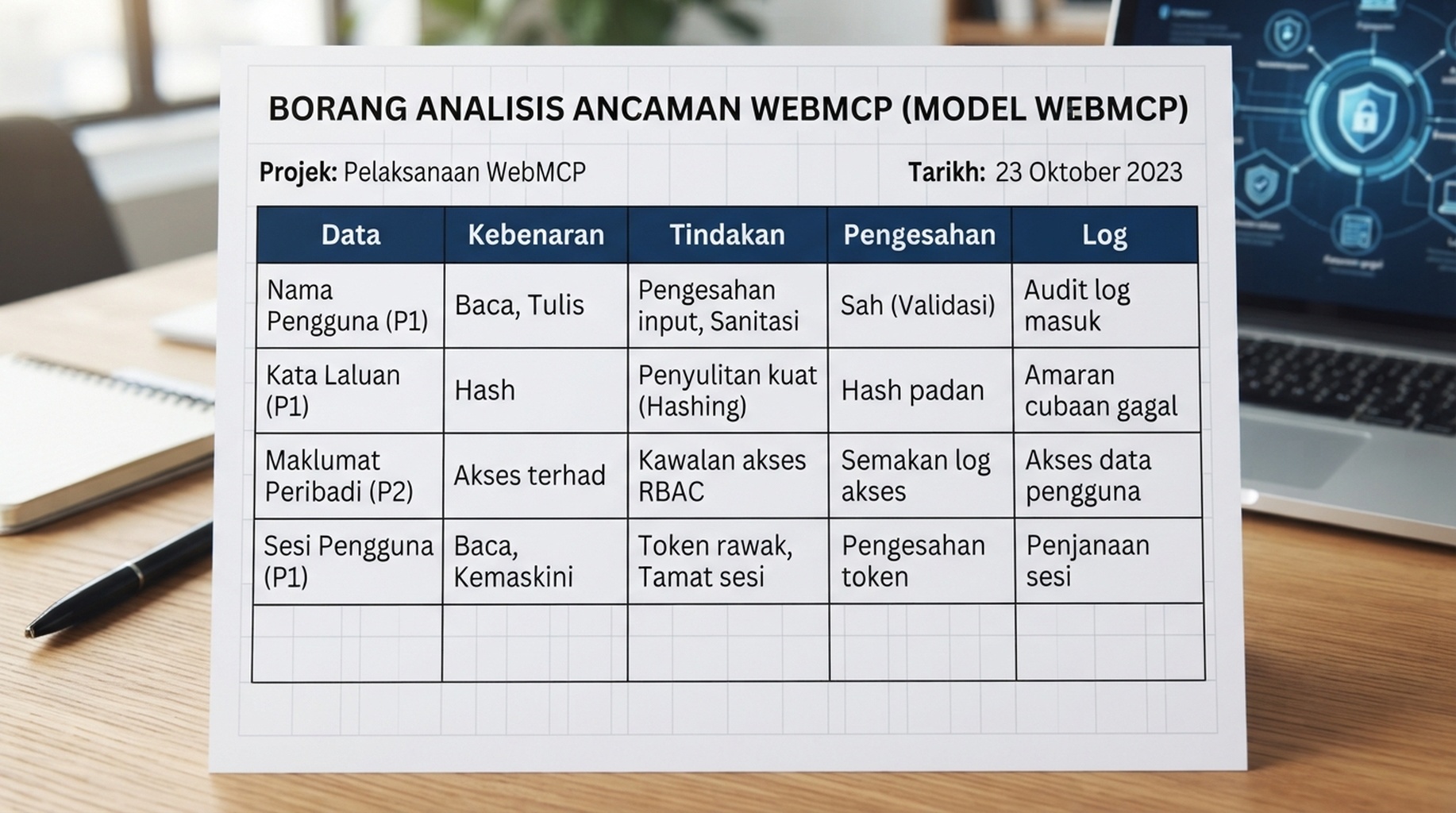 Lembaran kerja model ancaman WebMCP dengan lajur data, kebenaran, tindakan, pengesahan dan log.