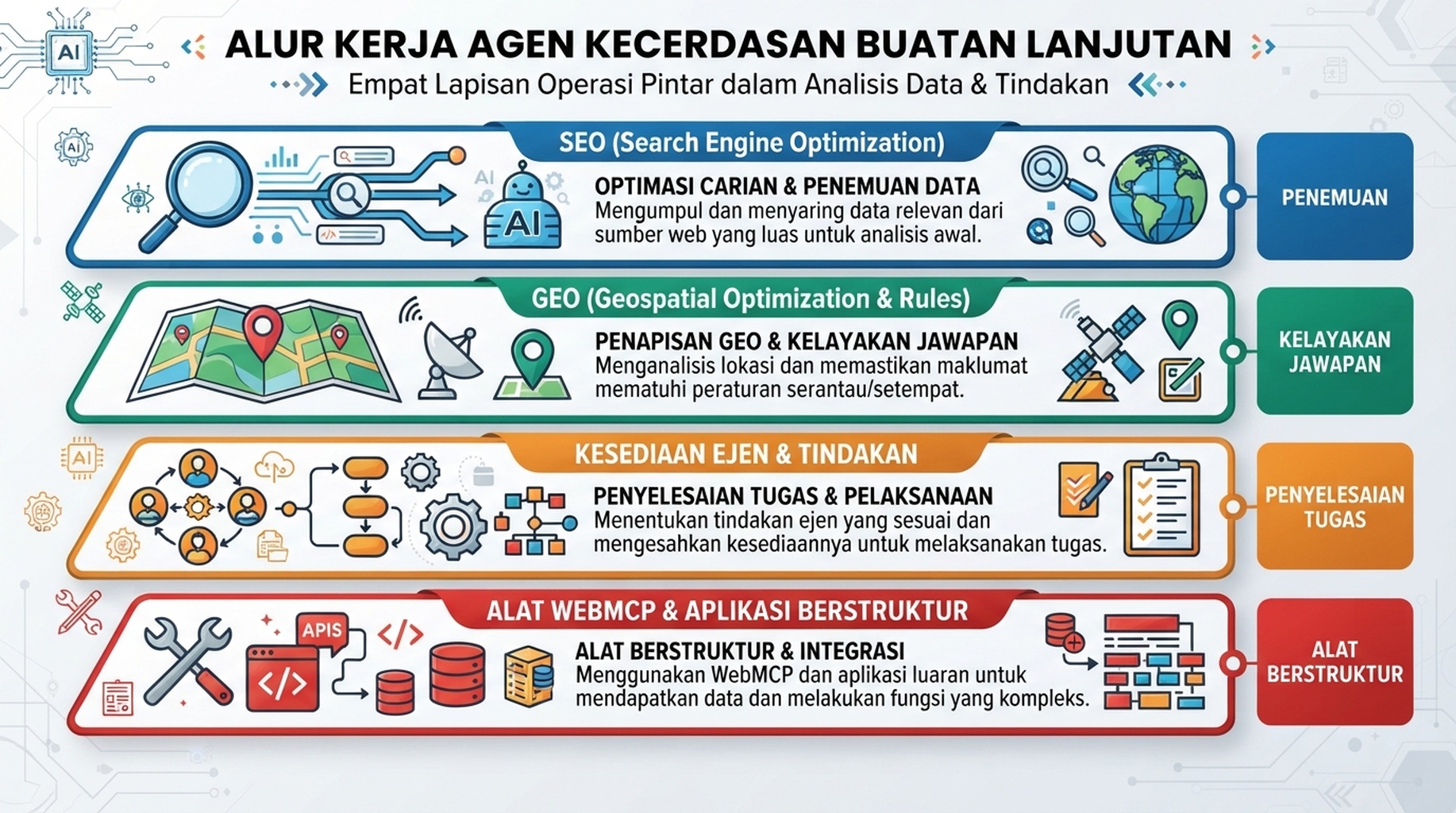 Empat lapisan daripada penemuan SEO melalui kelayakan jawapan GEO dan kesediaan ejen hingga alat WebMCP berstruktur.