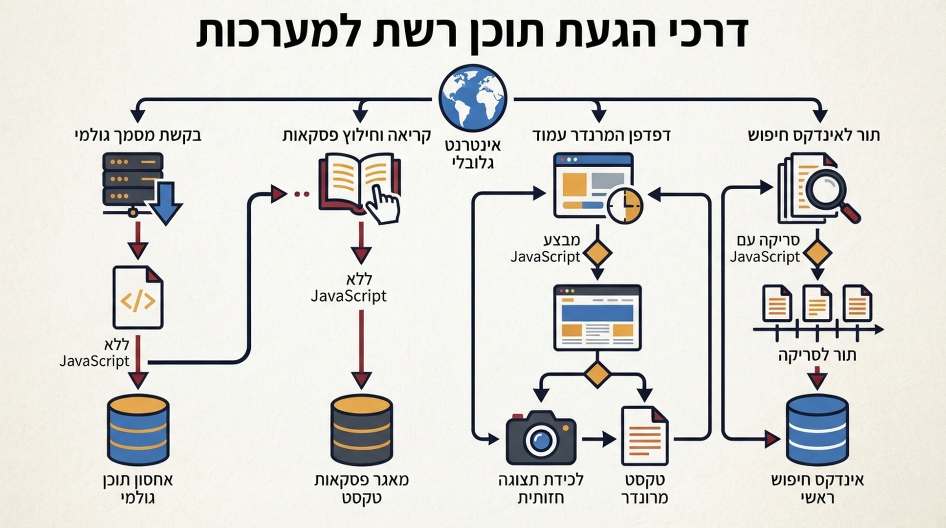 תרשים המשווה בין HTML גולמי, DOM בדפדפן ונתיבי גישה של סוכני AI