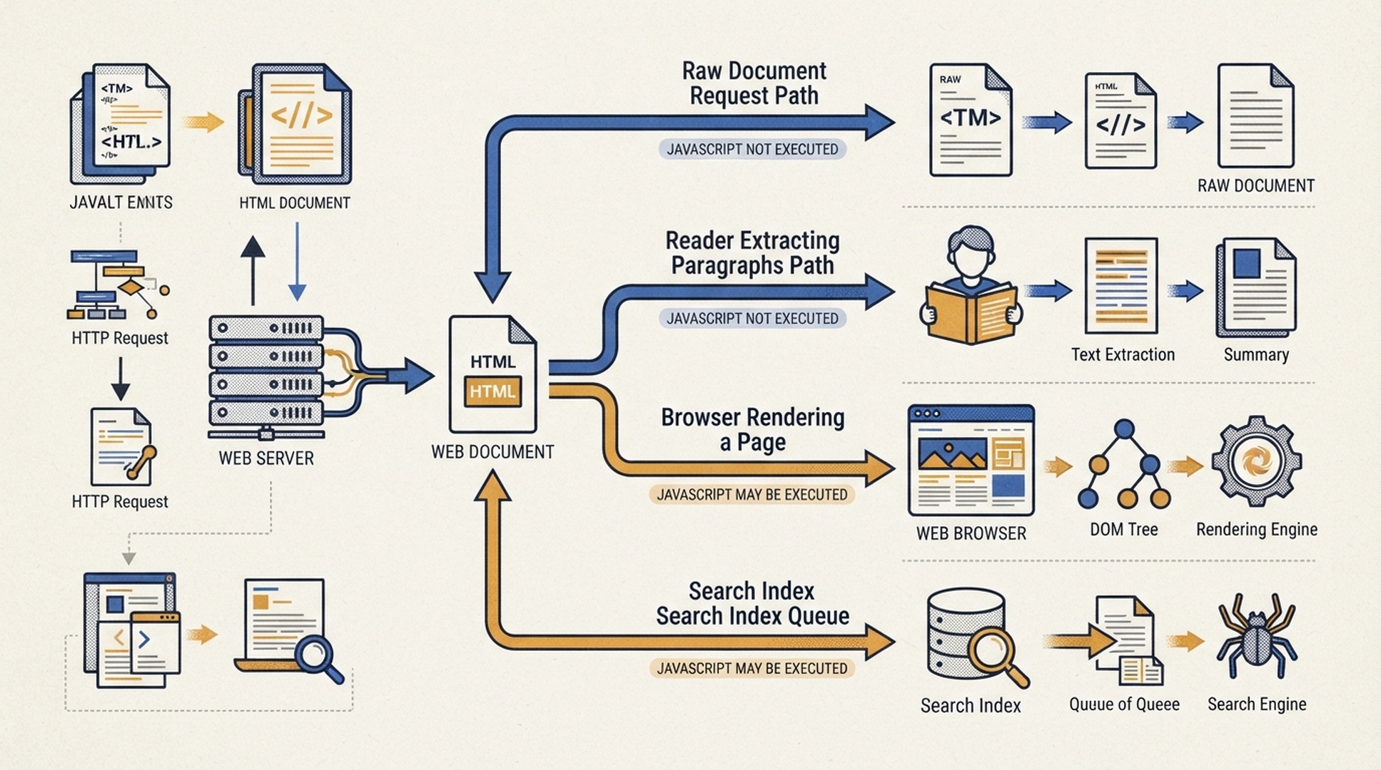 แผนภาพเปรียบเทียบ HTML ดิบ DOM ในเบราว์เซอร์ และเส้นทางการเข้าถึงเนื้อหาของ AI Agent