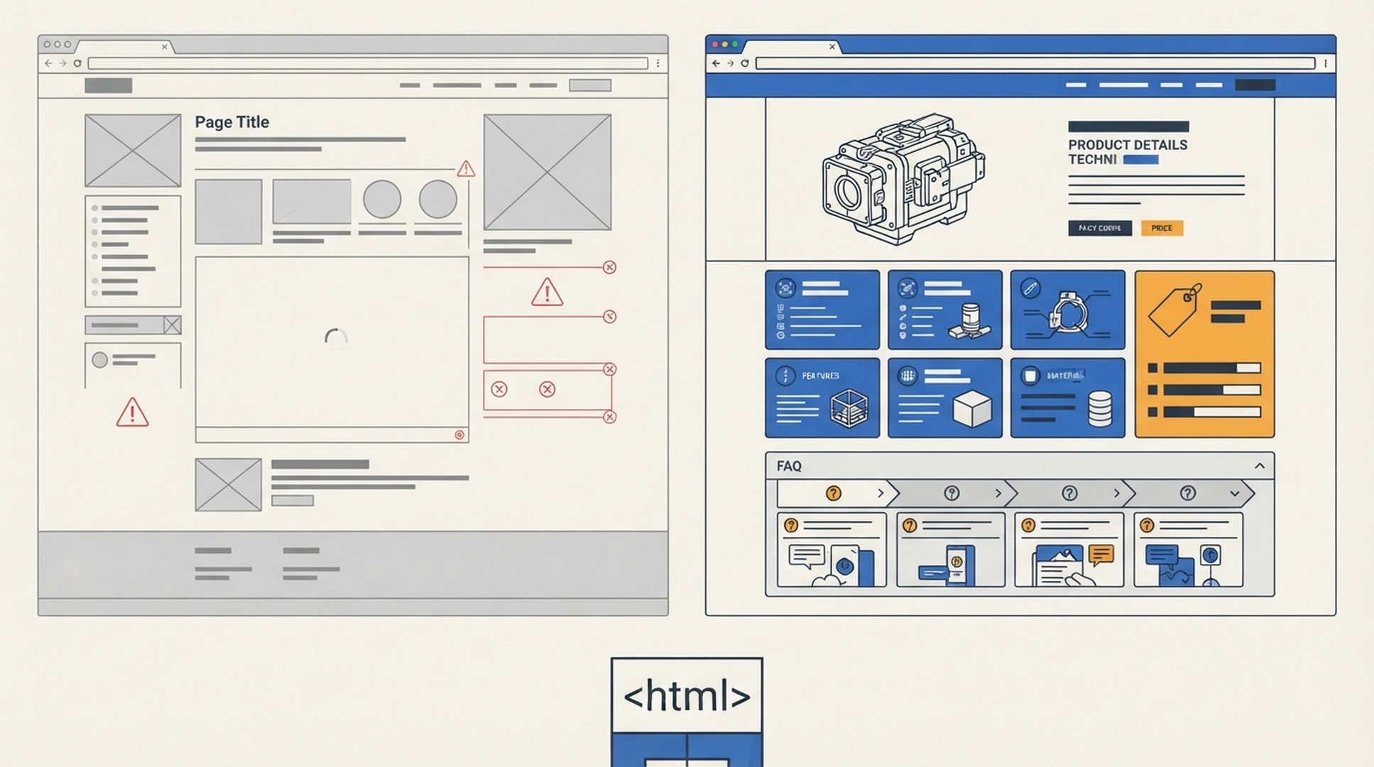 Vergleich einer Produktseite, bei der im initialen HTML Produktfakten und FAQ fehlen und erst im gerenderten DOM erscheinen