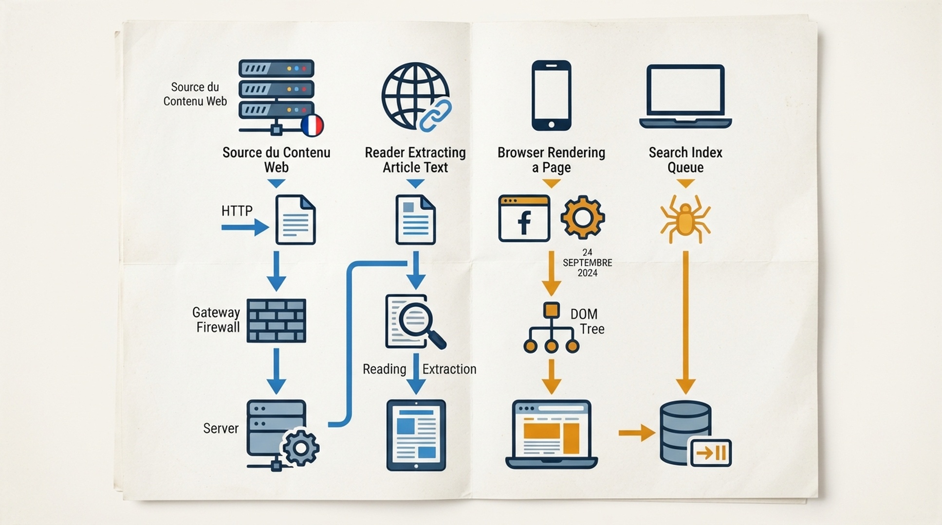Schéma comparant HTML brut, DOM du navigateur et chemins d'accès au contenu pour les agents IA