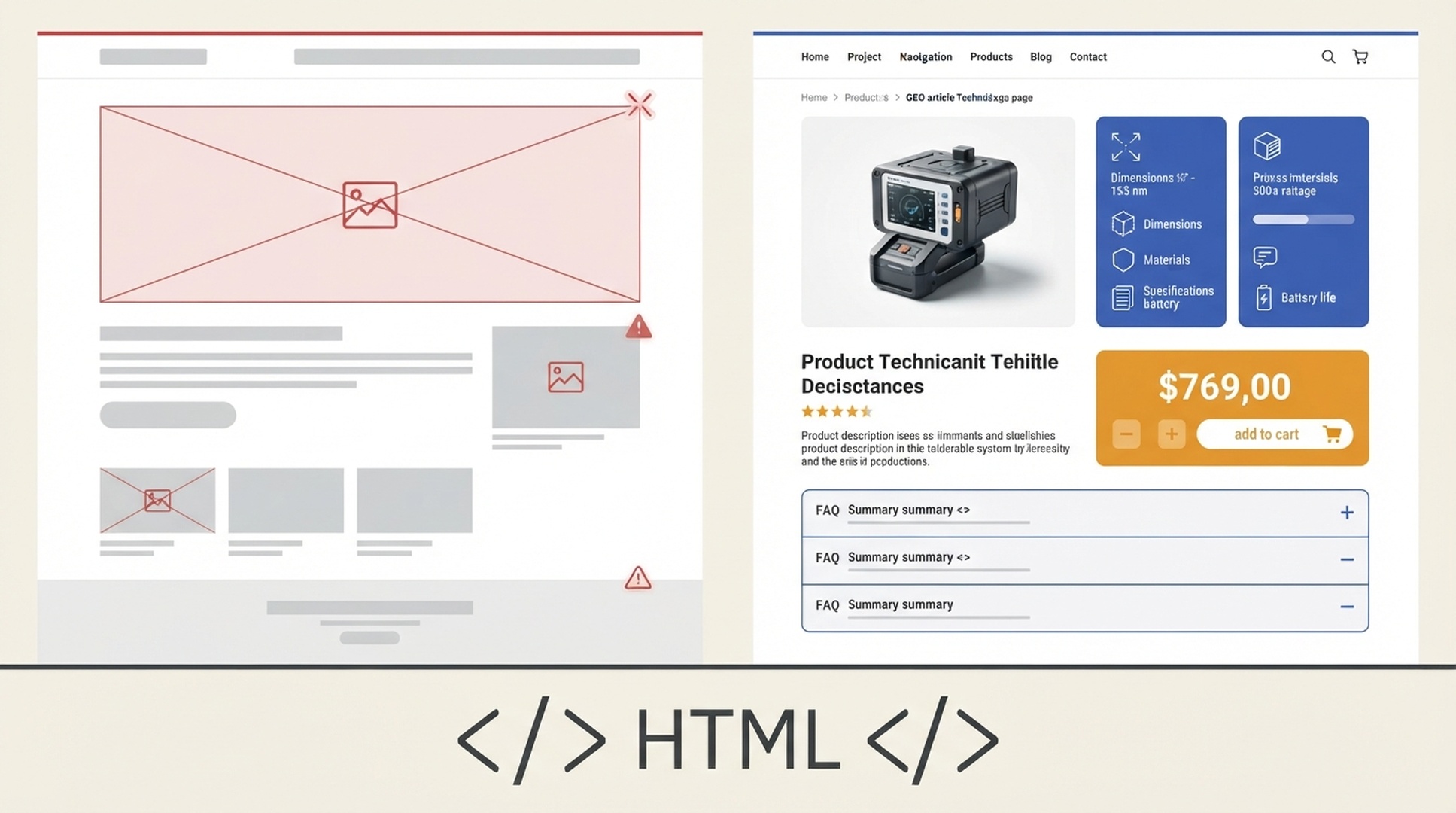 Comparaison d'une page produit dont le HTML initial manque de faits et de FAQ, visibles seulement dans le DOM rendu