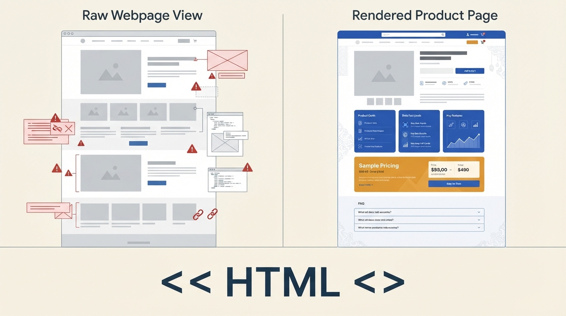 Perbandingan halaman produk ketika HTML awal tidak memiliki fakta produk dan FAQ yang baru muncul dalam DOM hasil render