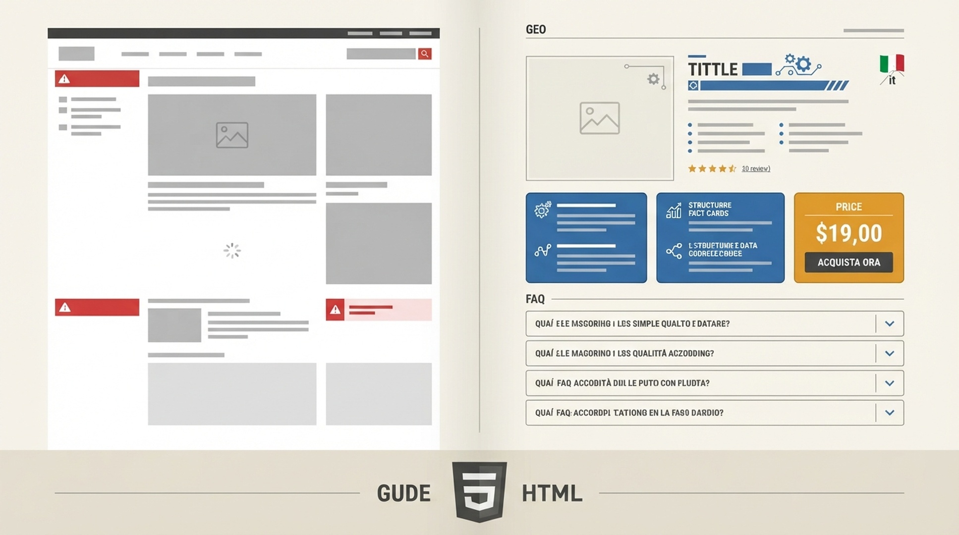 Confronto di una pagina prodotto in cui l'HTML iniziale non contiene fatti del prodotto e FAQ, visibili solo nel DOM renderizzato