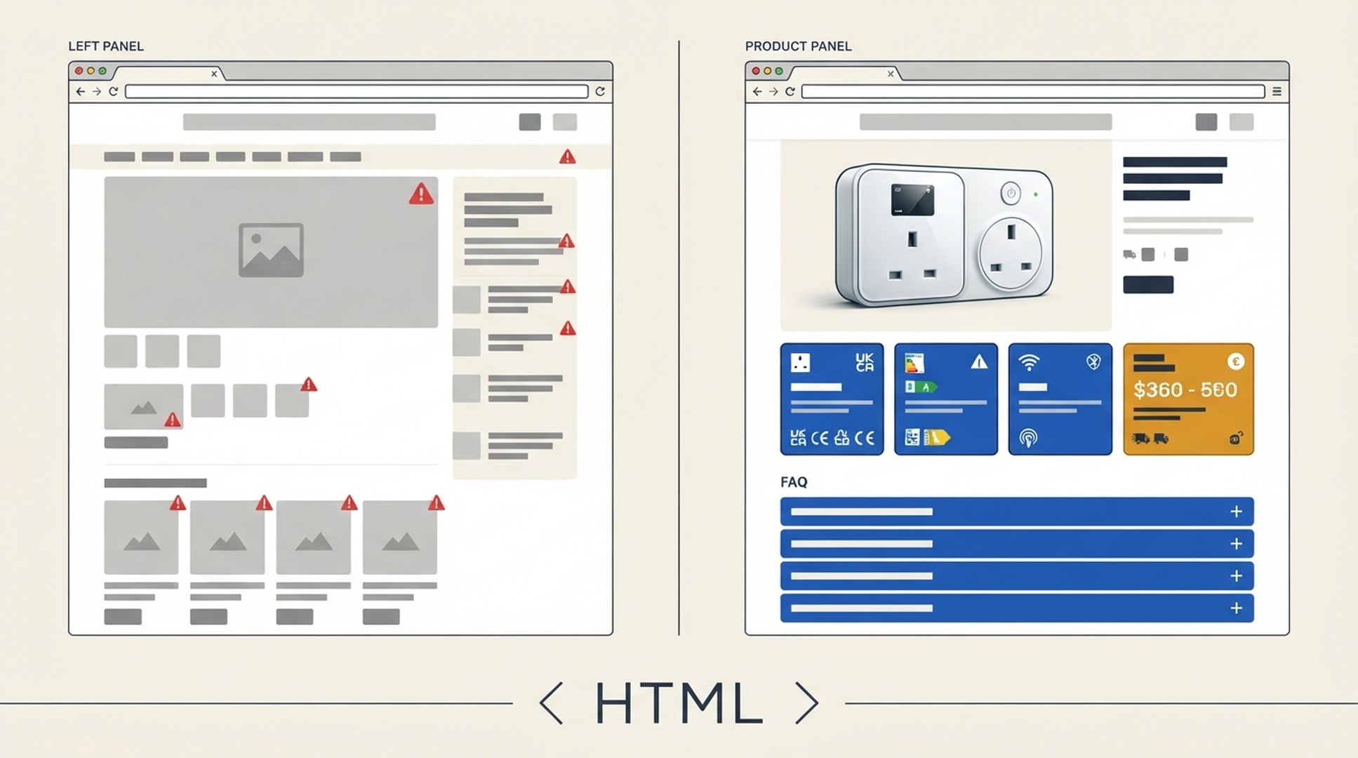 Порівняння сторінки продукту, де в початковому HTML немає фактів про продукт і FAQ, а вони з'являються лише у DOM після рендерингу