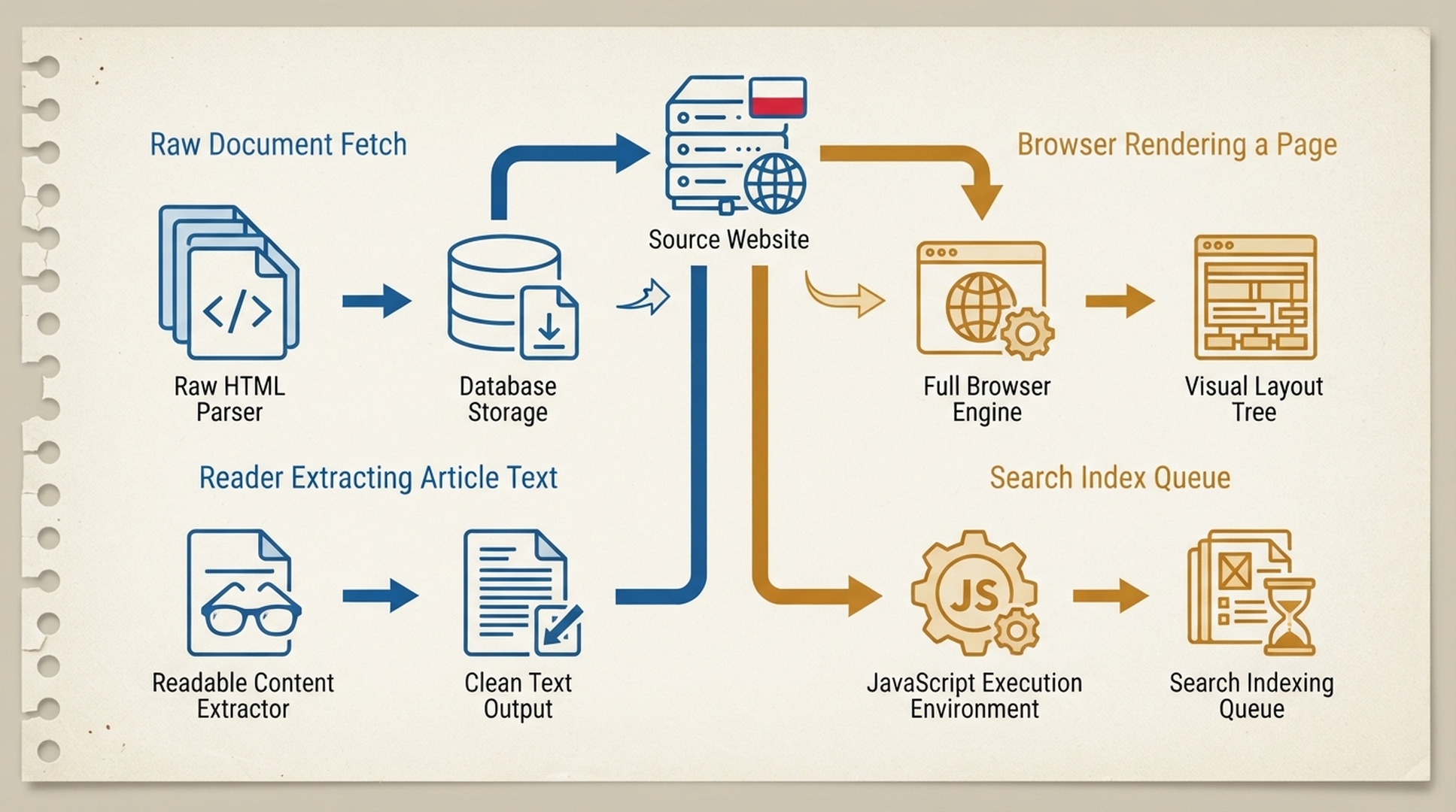 Diagram porównujący surowy HTML, DOM przeglądarki oraz ścieżki dostępu agentów AI do treści