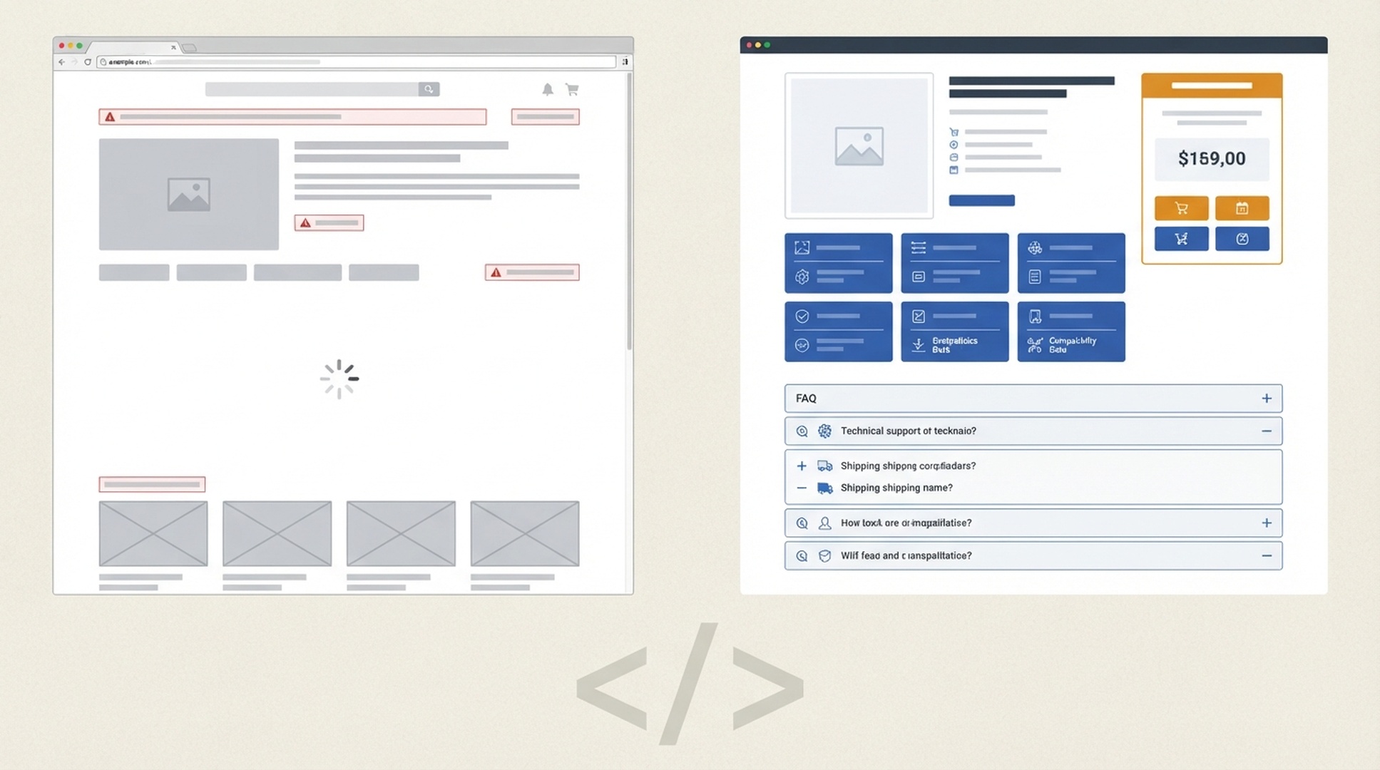 Porównanie strony produktu, na której w początkowym HTML brakuje faktów i FAQ widocznych dopiero w renderowanym DOM