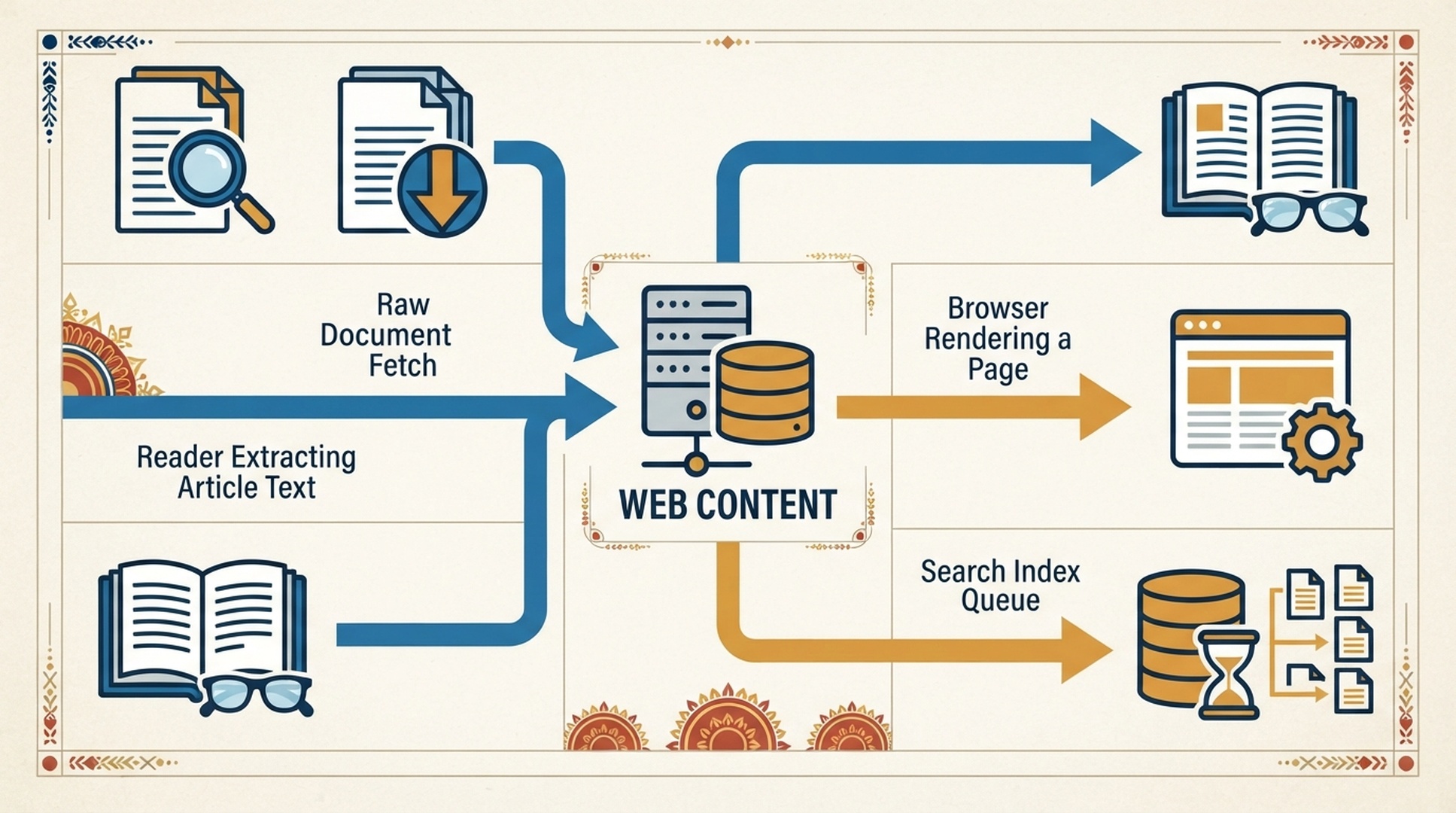 raw HTML, browser DOM और AI agent के content access paths की तुलना करने वाला आरेख