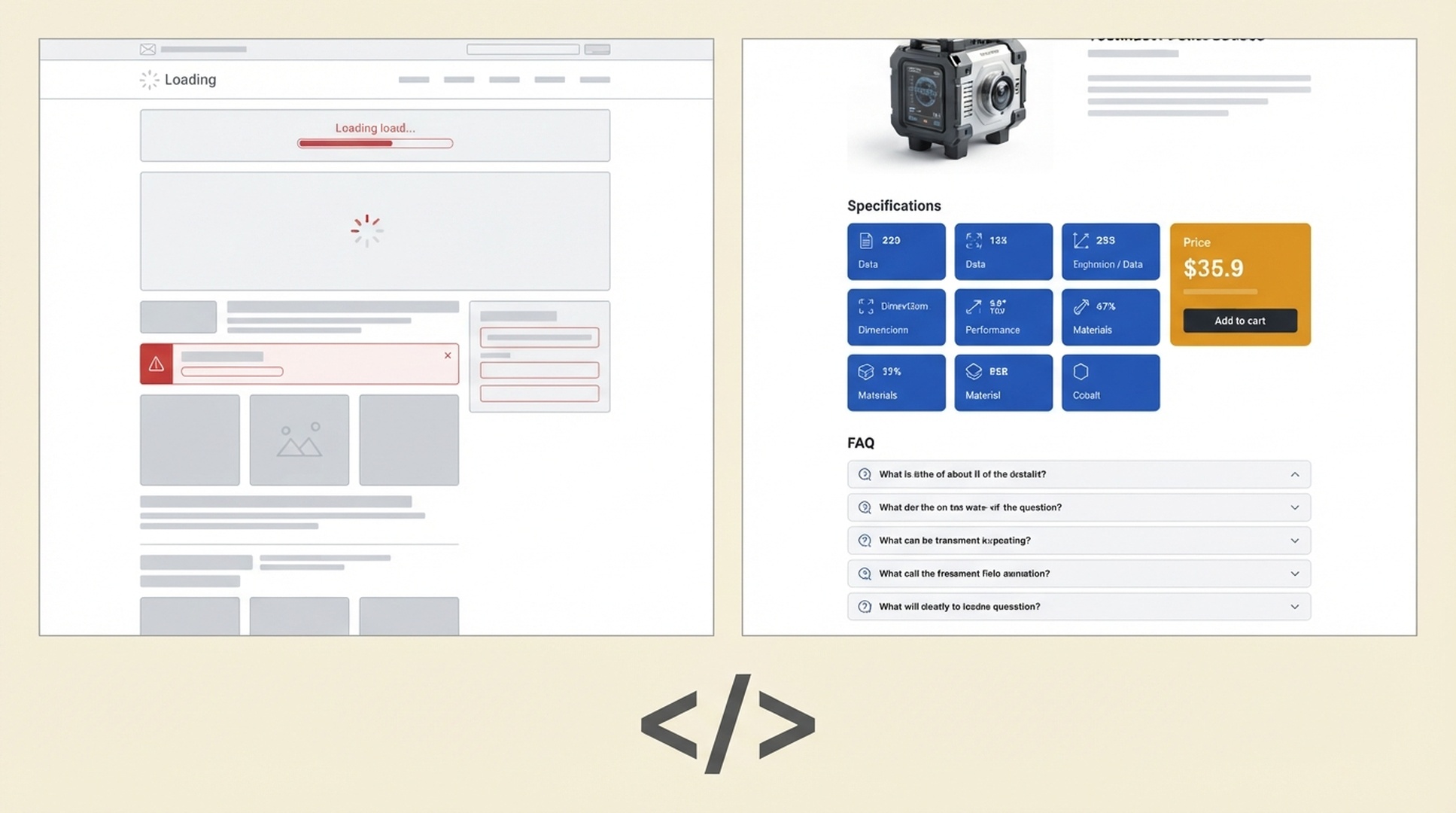 product page की तुलना जहां initial HTML में product facts और FAQ नहीं हैं लेकिन rendered DOM में हैं