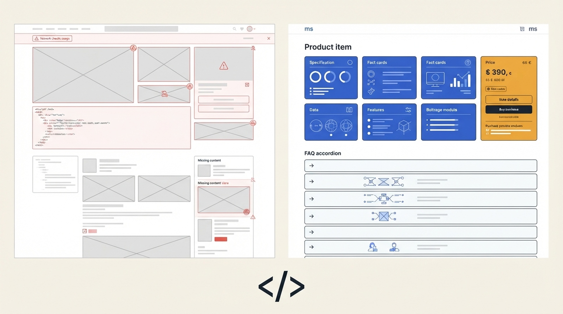 Perbandingan halaman produk apabila HTML awal tiada fakta produk dan FAQ yang hanya muncul dalam DOM selepas rendering