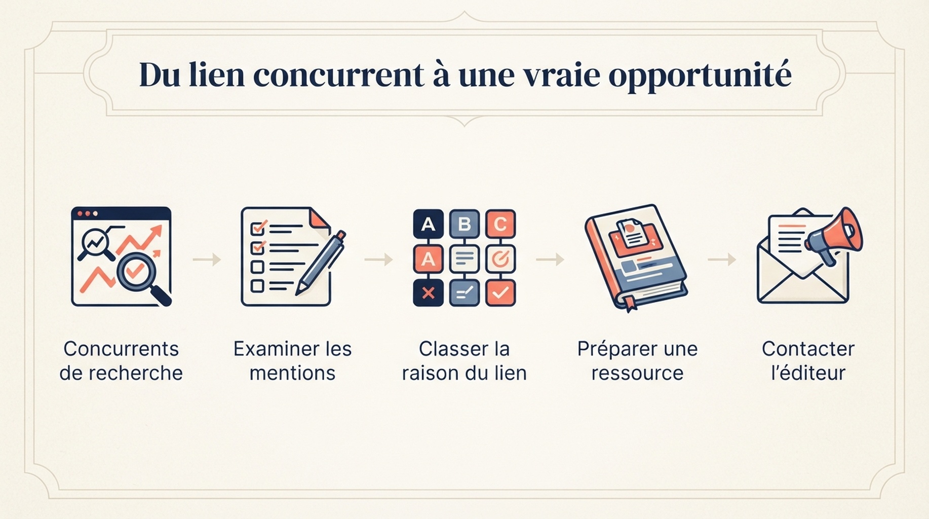 Flux de recherche depuis un lien concurrent jusqu'à la prise de contact : identifier les concurrents, examiner les citations, classer la raison, préparer une ressource et contacter le bon éditeur