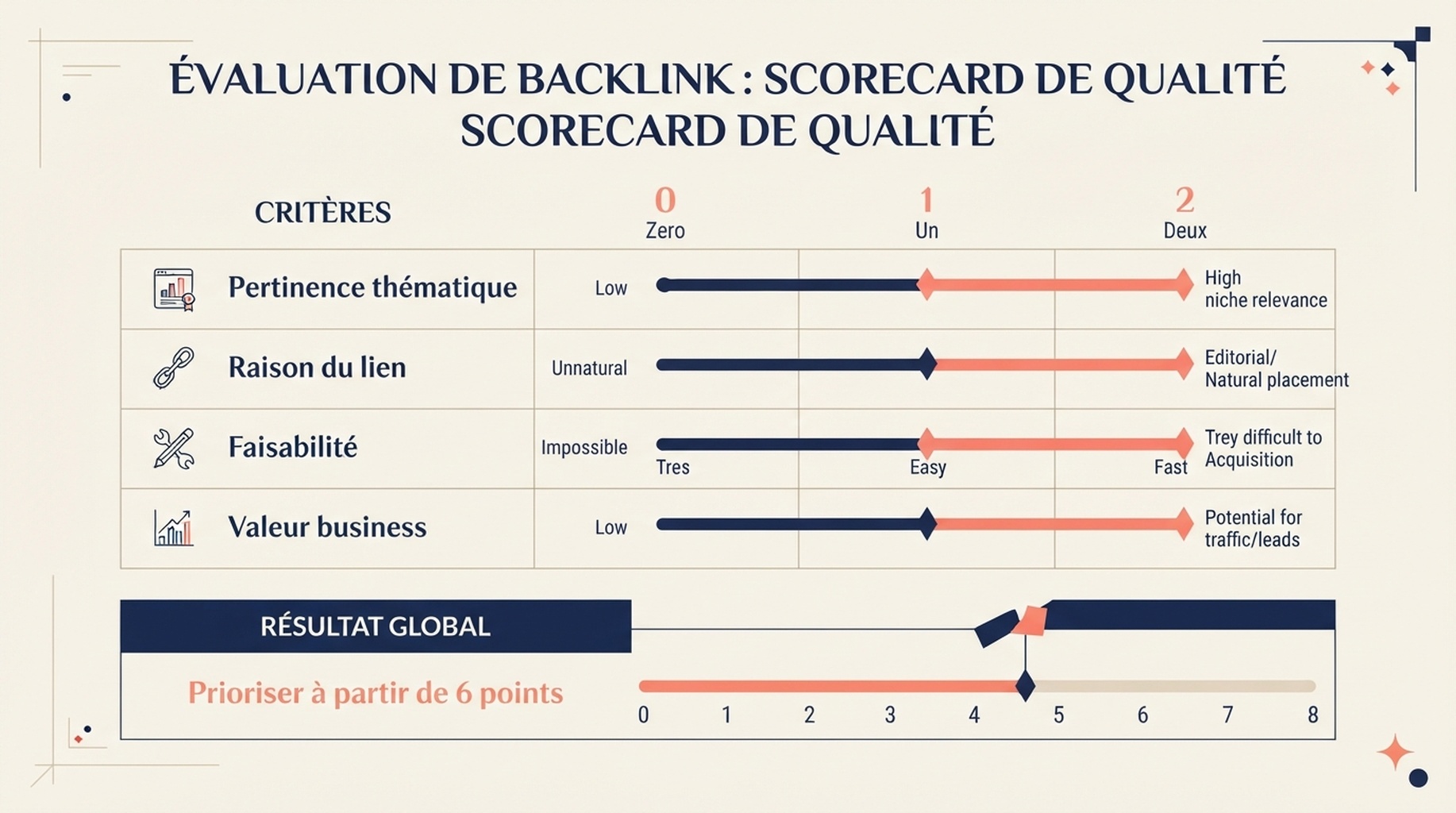 Carte de score d'opportunités de backlinks notant la pertinence thématique, la raison du lien, la faisabilité et la valeur business de zéro à deux points