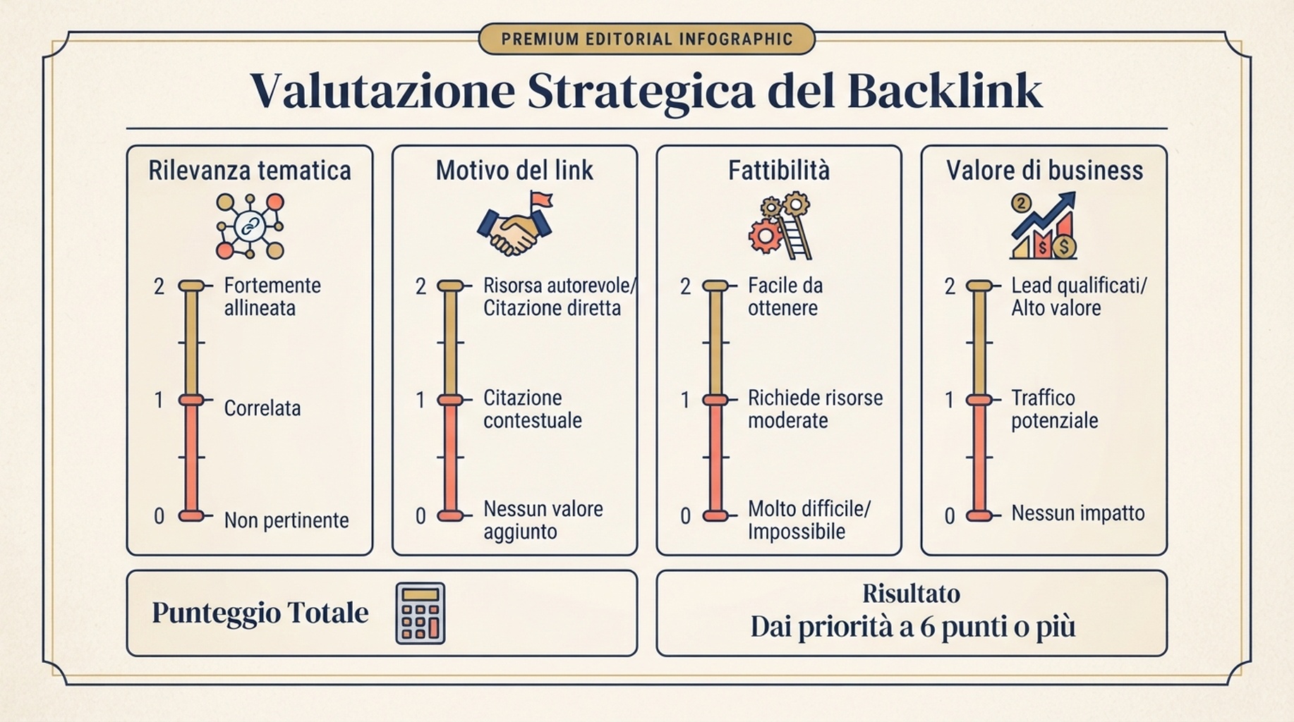 Scheda di punteggio per opportunità di backlink con rilevanza tematica, motivo del link, fattibilità e valore di business da zero a due punti