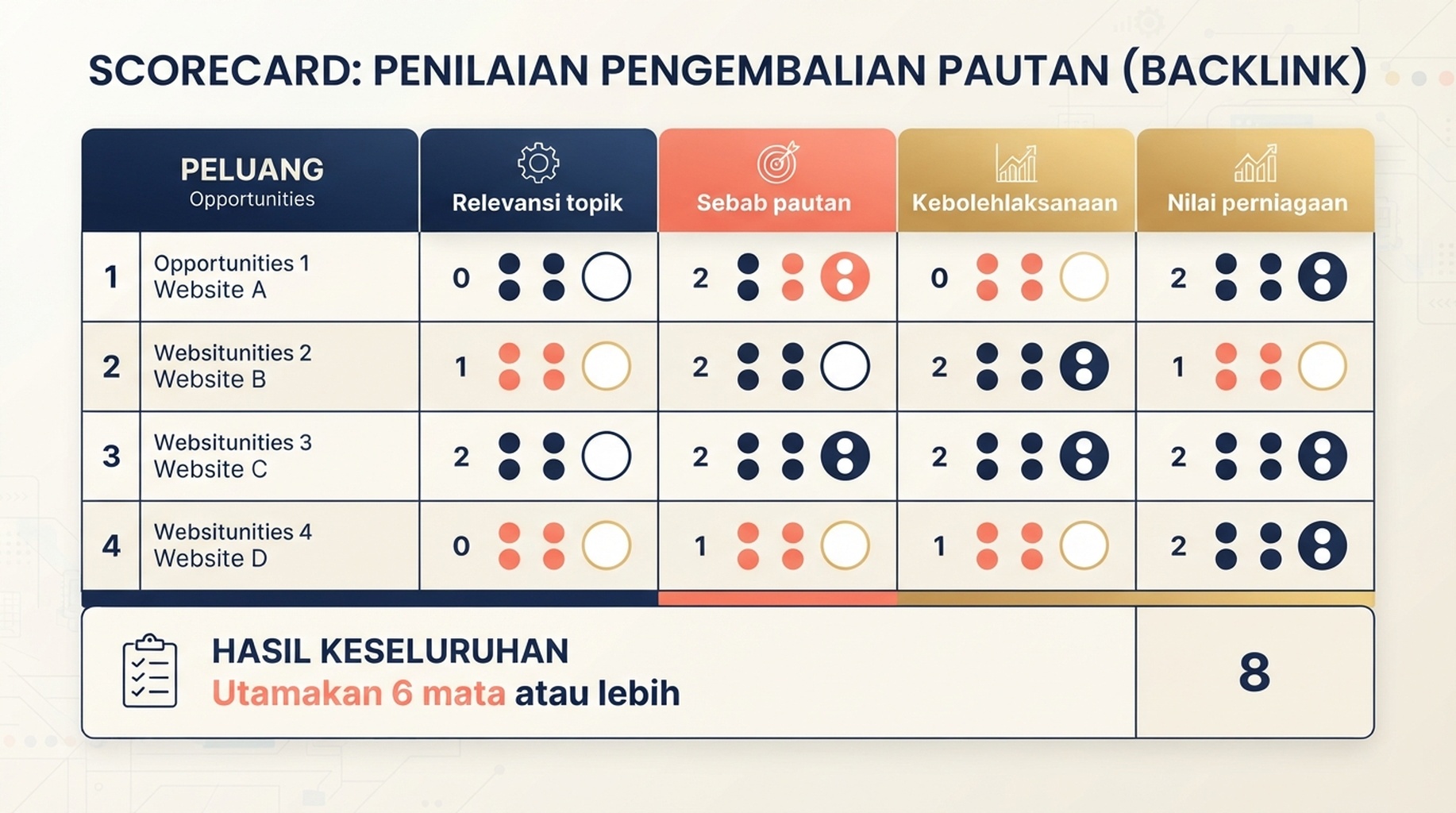 Kad skor peluang backlink yang menilai relevansi topik, sebab pautan, kebolehlaksanaan dan nilai perniagaan daripada sifar hingga dua mata