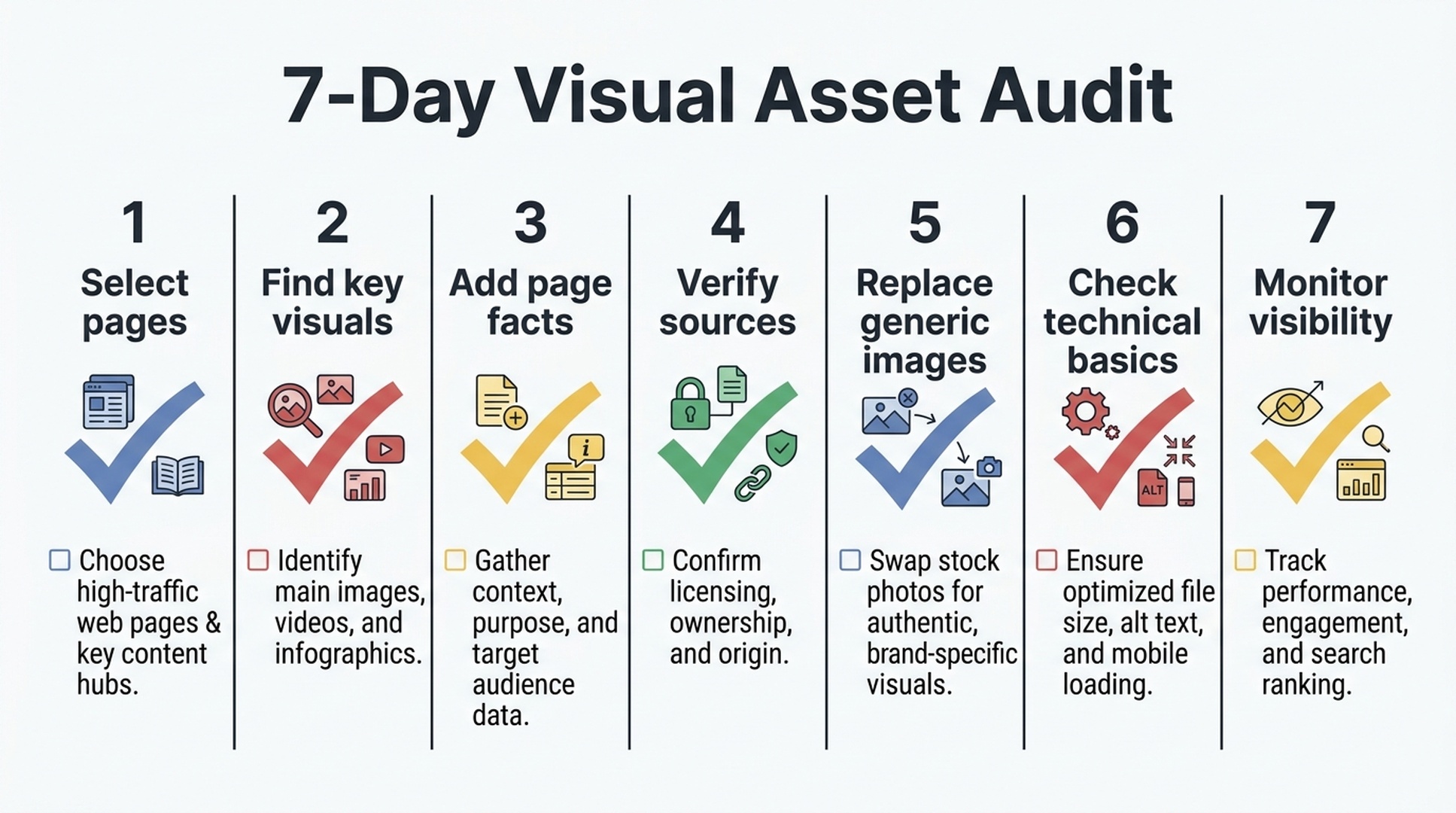 Seven-day workflow for auditing high-value visual assets on priority website pages