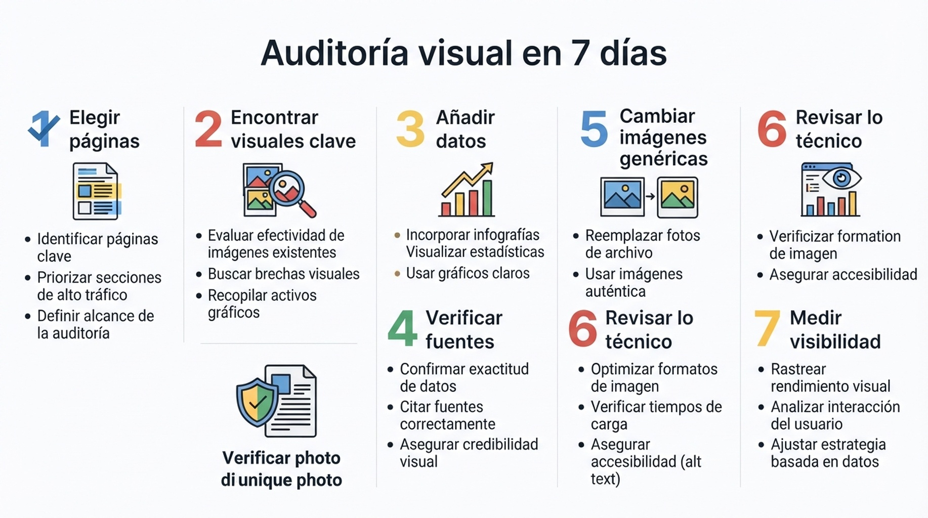 Flujo de trabajo de siete días para auditar activos visuales clave en páginas prioritarias del sitio