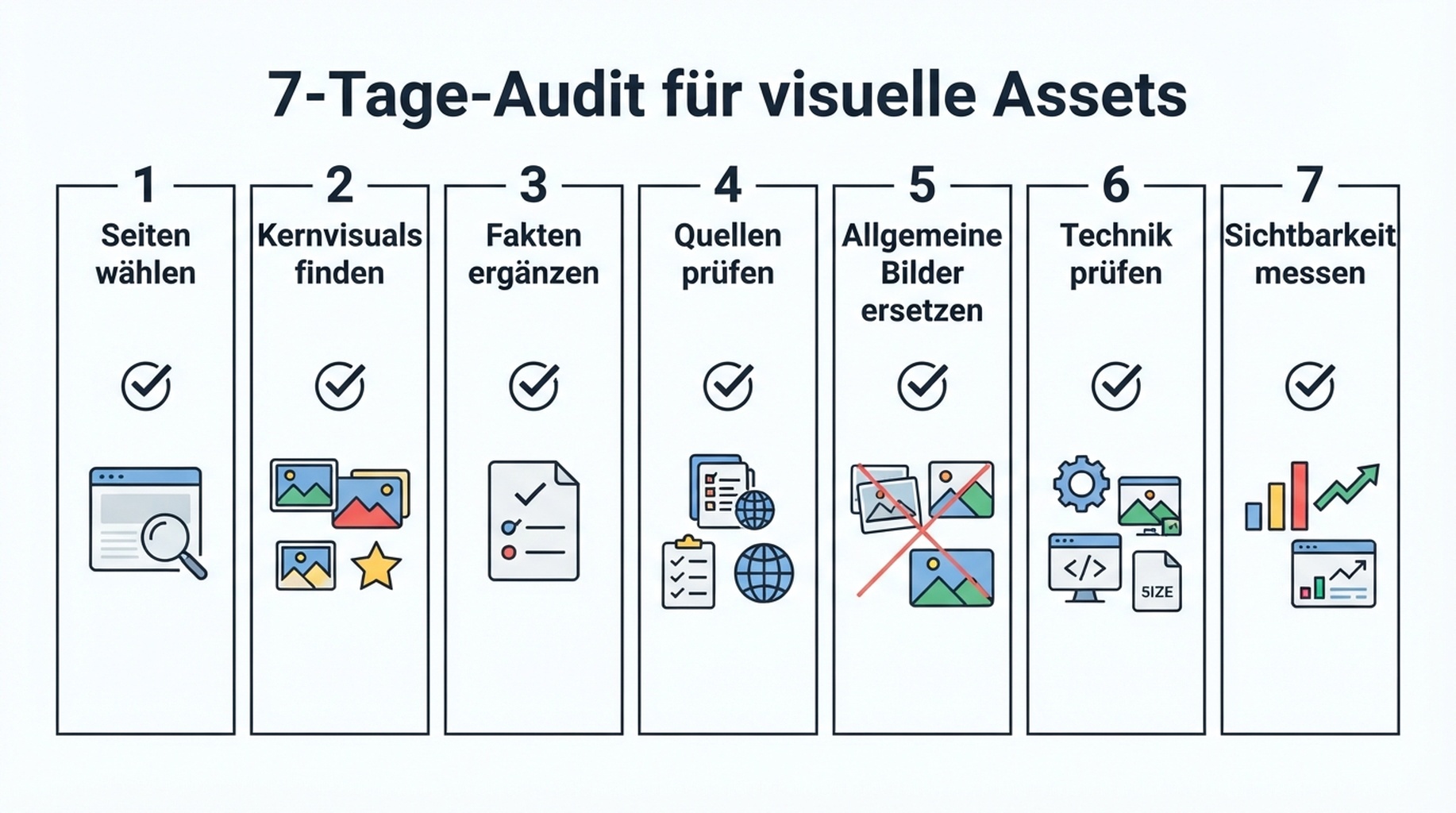 Siebentaegiger Workflow fuer den Audit wichtiger visueller Assets auf priorisierten Website-Seiten