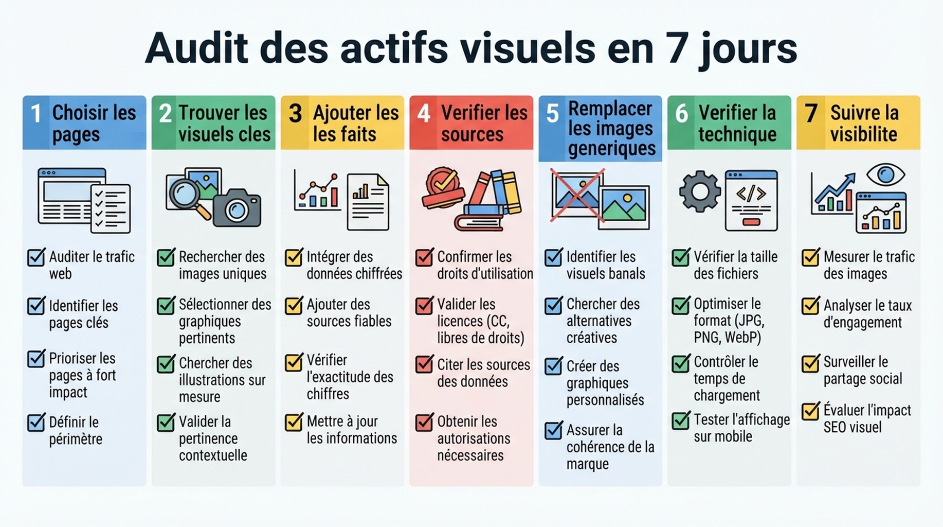 Workflow de sept jours pour auditer les actifs visuels essentiels sur les pages prioritaires du site